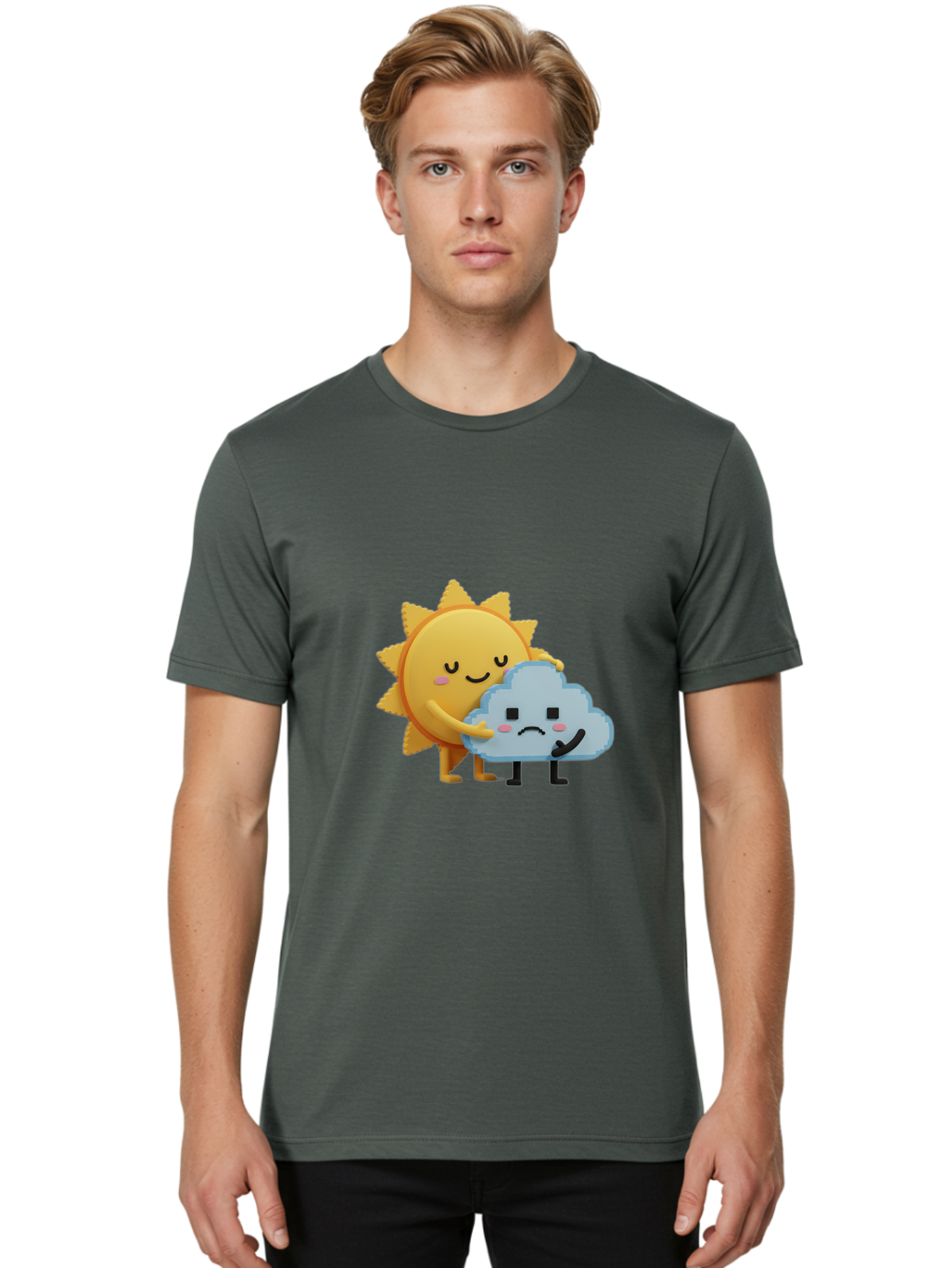 Sun-Hugging-Cloud Men'S Graphic Tee, 100% Cotton, Comfortable Casual Summer Wear, Machine Washable, Sun And Cloud, Smiling Face, Sad Face, Friendship, Anthropomorphic Characters, Emotional Weather, Cartoon Style, Weather Elements, Bae106