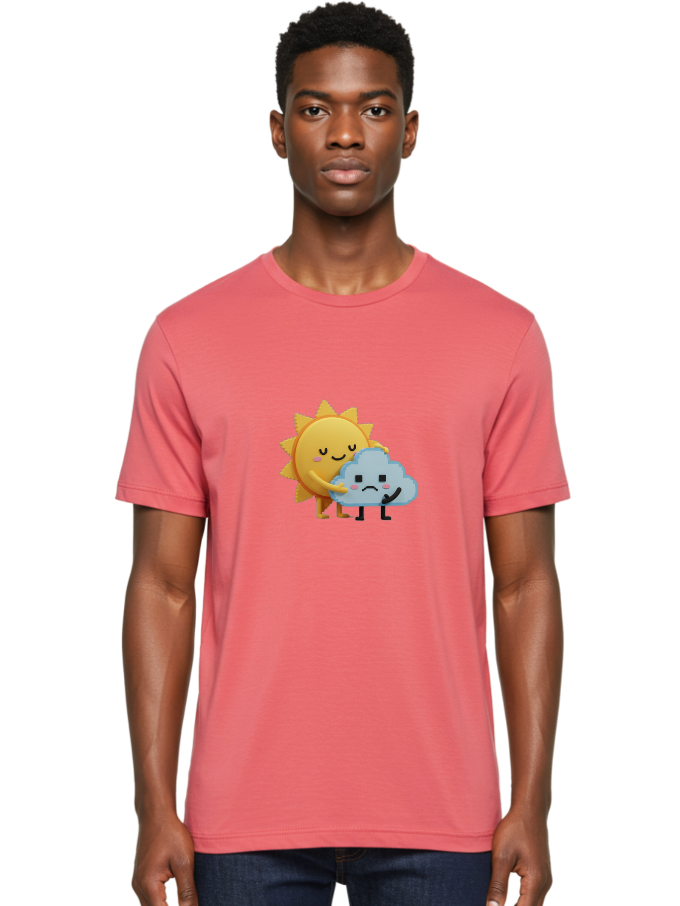 Sun-Hugging-Cloud Men'S Graphic Tee, 100% Cotton, Comfortable Casual Summer Wear, Machine Washable, Sun And Cloud, Smiling Face, Sad Face, Friendship, Anthropomorphic Characters, Emotional Weather, Cartoon Style, Weather Elements, Bae106