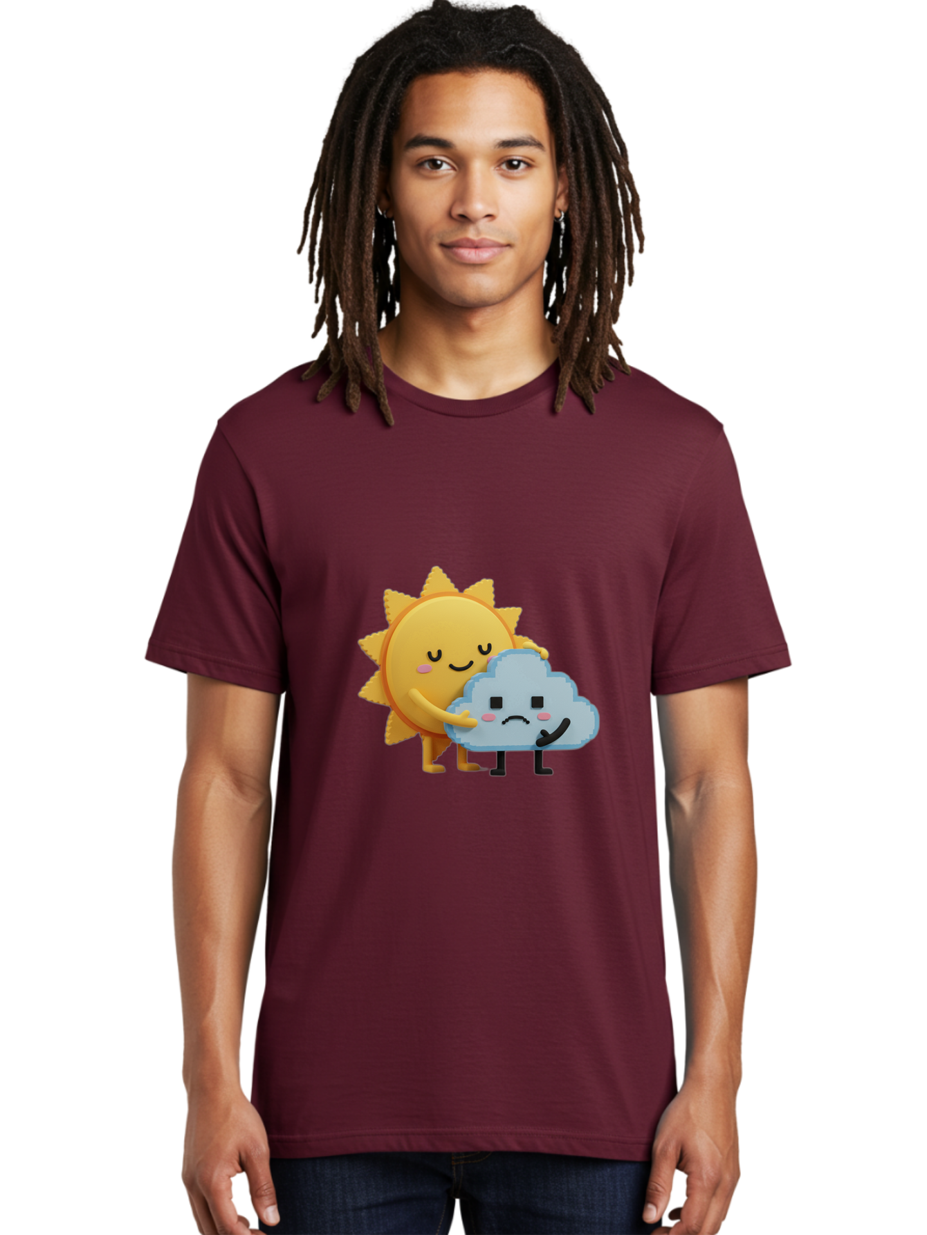 Sun-Hugging-Cloud Men'S Graphic Tee, 100% Cotton, Comfortable Casual Summer Wear, Machine Washable, Sun And Cloud, Smiling Face, Sad Face, Friendship, Anthropomorphic Characters, Emotional Weather, Cartoon Style, Weather Elements, Bae106