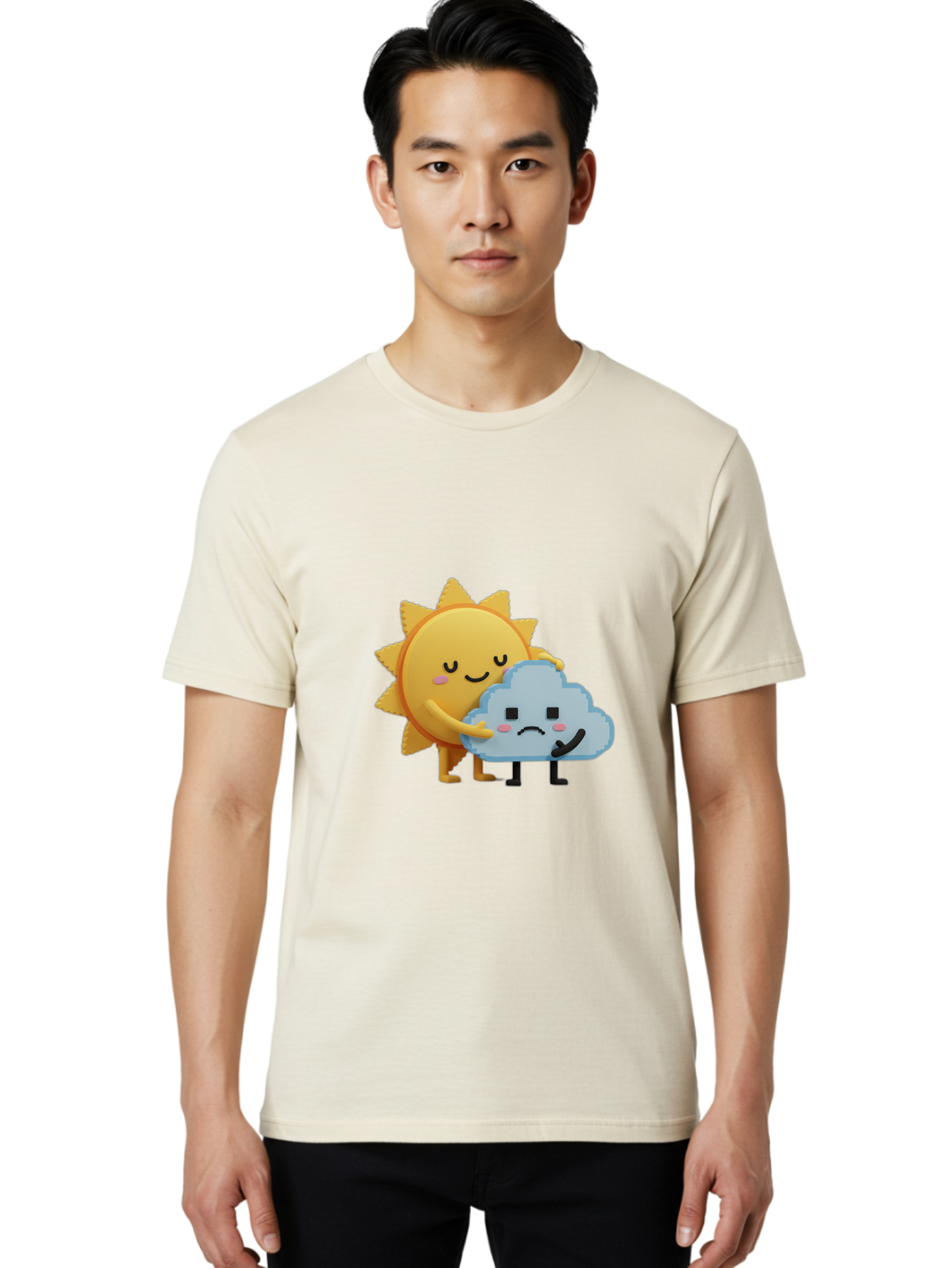 Sun-Hugging-Cloud Men'S Graphic Tee, 100% Cotton, Comfortable Casual Summer Wear, Machine Washable, Sun And Cloud, Smiling Face, Sad Face, Friendship, Anthropomorphic Characters, Emotional Weather, Cartoon Style, Weather Elements, Bae106