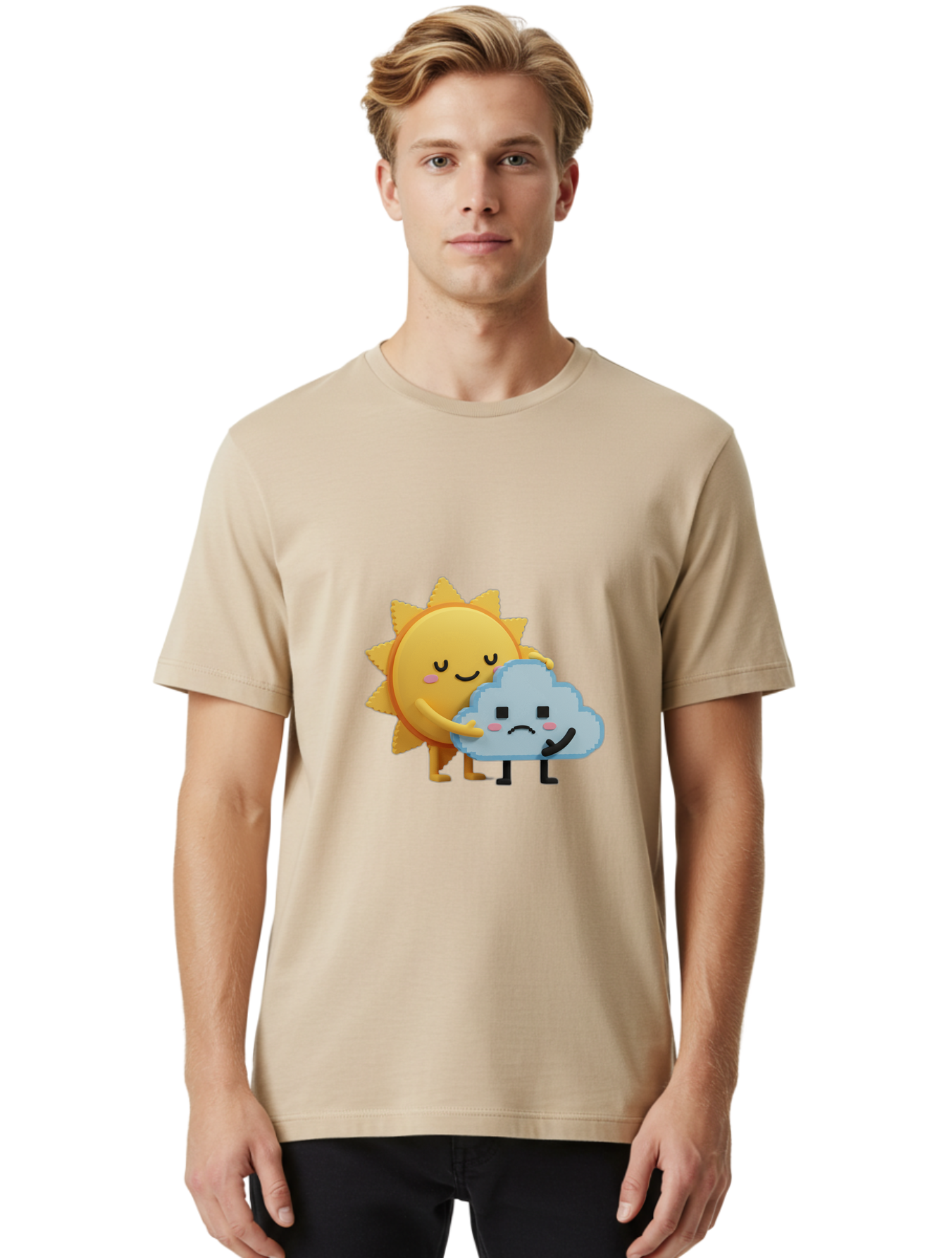 Sun-Hugging-Cloud Men'S Graphic Tee, 100% Cotton, Comfortable Casual Summer Wear, Machine Washable, Sun And Cloud, Smiling Face, Sad Face, Friendship, Anthropomorphic Characters, Emotional Weather, Cartoon Style, Weather Elements, Bae106