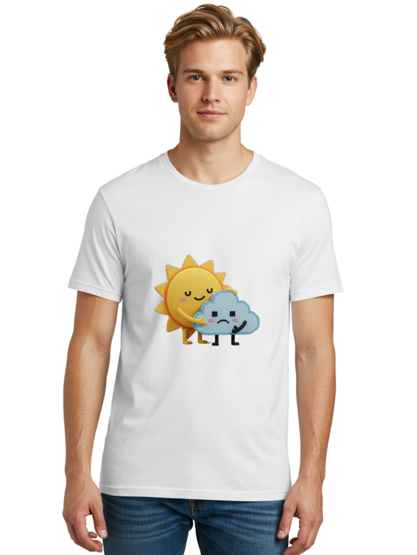 Sun-Hugging-Cloud Men'S Graphic Tee, 100% Cotton, Comfortable Casual Summer Wear, Machine Washable, Sun And Cloud, Smiling Face, Sad Face, Friendship, Anthropomorphic Characters, Emotional Weather, Cartoon Style, Weather Elements, Bae106