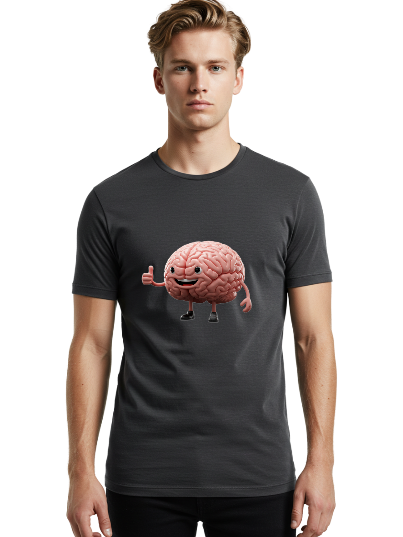 Thumbs-Up-Brain Men'S Graphic Tee, 100% Cotton, Comfortable Casual Summer Wear, Machine Washable, Human Brain Character, Cartoon Brain, Thumbs Up Gesture, Happy Expression, Anthropomorphic Organ, Cognitive Function, Mental Health Awareness, Bae107