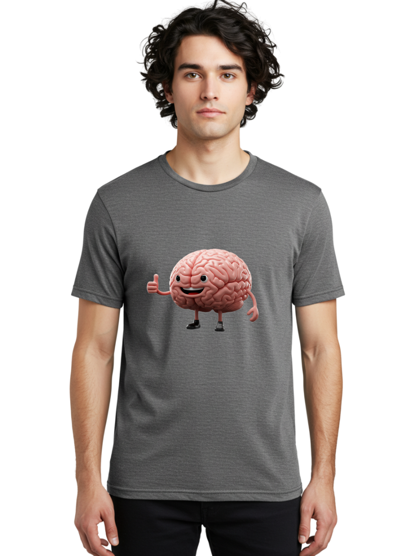 Thumbs-Up-Brain Men'S Graphic Tee, 100% Cotton, Comfortable Casual Summer Wear, Machine Washable, Human Brain Character, Cartoon Brain, Thumbs Up Gesture, Happy Expression, Anthropomorphic Organ, Cognitive Function, Mental Health Awareness, Bae107