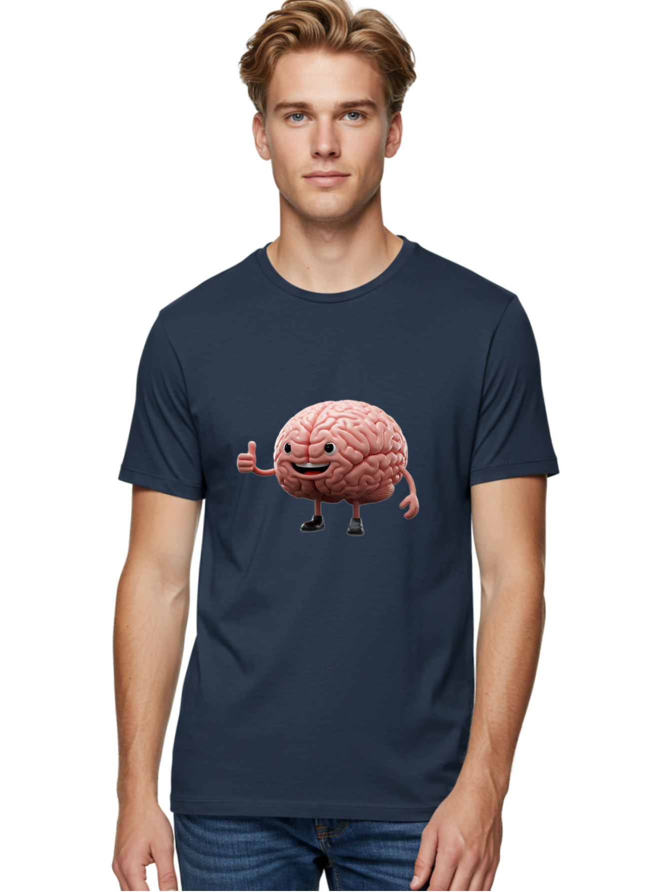 Thumbs-Up-Brain Men'S Graphic Tee, 100% Cotton, Comfortable Casual Summer Wear, Machine Washable, Human Brain Character, Cartoon Brain, Thumbs Up Gesture, Happy Expression, Anthropomorphic Organ, Cognitive Function, Mental Health Awareness, Bae107