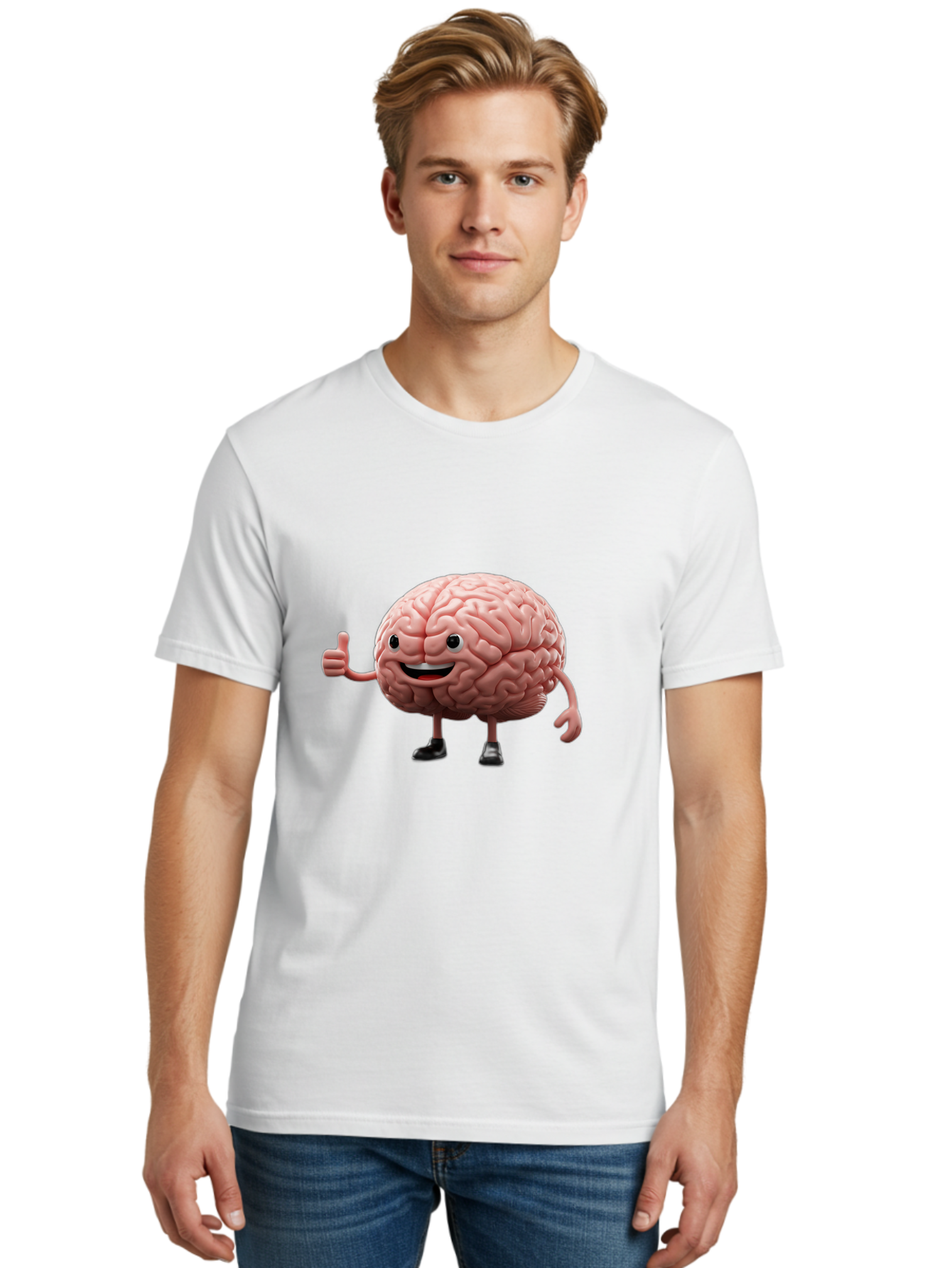 Thumbs-Up-Brain Men'S Graphic Tee, 100% Cotton, Comfortable Casual Summer Wear, Machine Washable, Human Brain Character, Cartoon Brain, Thumbs Up Gesture, Happy Expression, Anthropomorphic Organ, Cognitive Function, Mental Health Awareness, Bae107