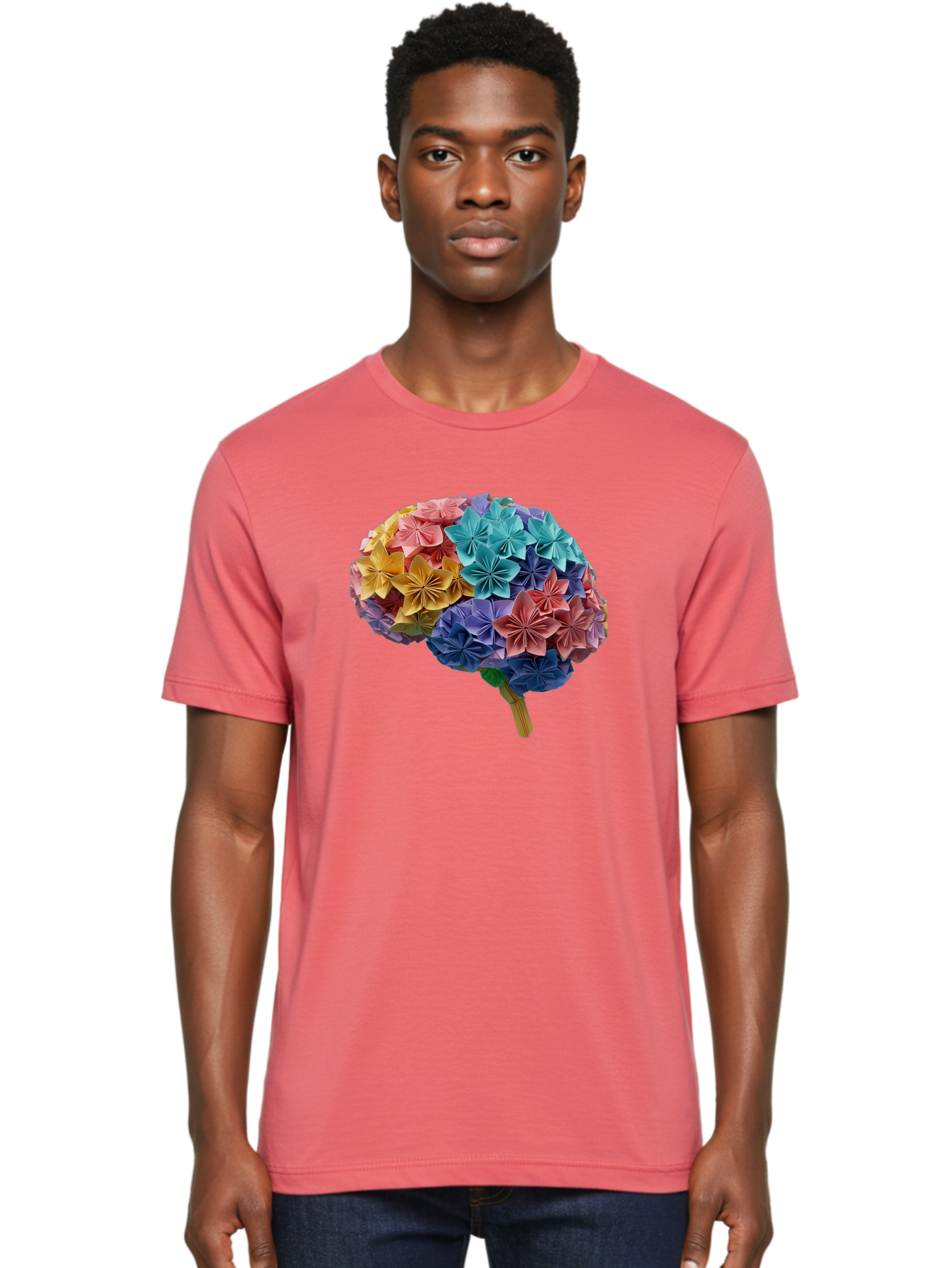 Tree-With-Origami-Flowers Men'S Graphic Tee, 100% Cotton, Comfortable Casual Summer Wear, Machine Washable, Origami Flowers, Colorful Tree, Paper Art, Folded Flowers, Creative Design, Vibrant Colors, Artful Arrangement, Decorative Piece, Bae108