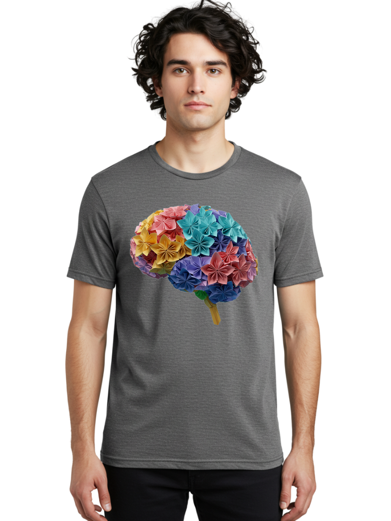Tree-With-Origami-Flowers Men'S Graphic Tee, 100% Cotton, Comfortable Casual Summer Wear, Machine Washable, Origami Flowers, Colorful Tree, Paper Art, Folded Flowers, Creative Design, Vibrant Colors, Artful Arrangement, Decorative Piece, Bae108