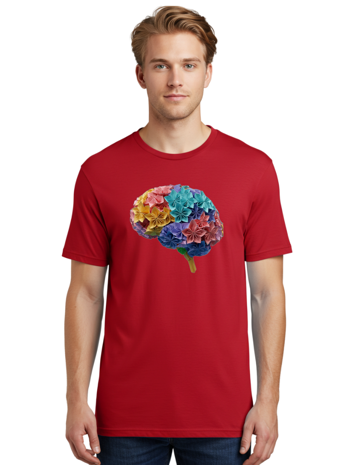 Tree-With-Origami-Flowers Men'S Graphic Tee, 100% Cotton, Comfortable Casual Summer Wear, Machine Washable, Origami Flowers, Colorful Tree, Paper Art, Folded Flowers, Creative Design, Vibrant Colors, Artful Arrangement, Decorative Piece, Bae108