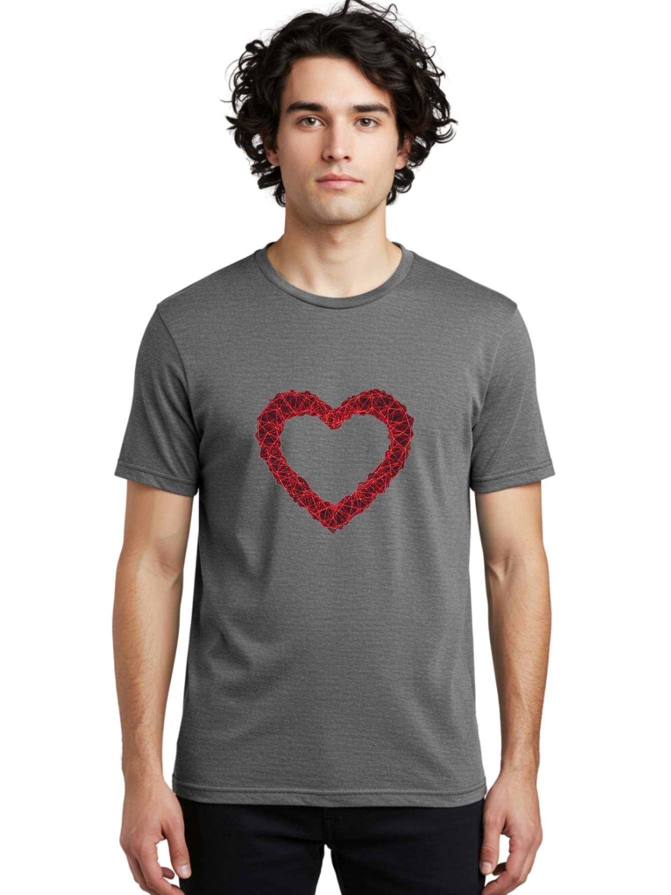 Wireframe-Heart Men'S Graphic Tee, 100% Cotton, Comfortable Casual Summer Wear, Machine Washable, Heart Shape, Red Geometric Pattern, Complex Network, Interconnected Lines, Symbolic Representation, Love, Valentines Day, Abstract Art, Bae109