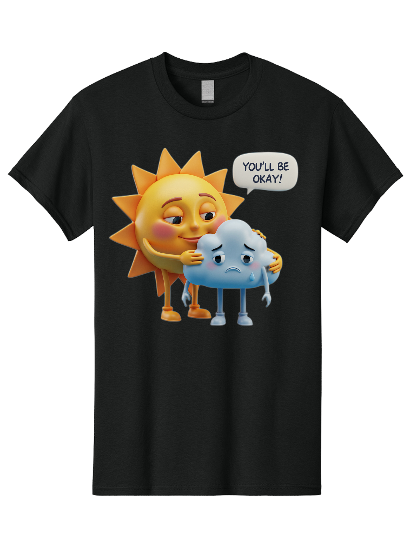 You-Ll-Be-Okay Men'S Graphic Tee, 100% Cotton, Comfortable Casual Summer Wear, Machine Washable, Sun Hugging Sad Cloud, Reassuring Words, Emotional Support, Comforting Scene, Mental Health Awareness, Positivity, Friendship, Cartoon Characters Bae110