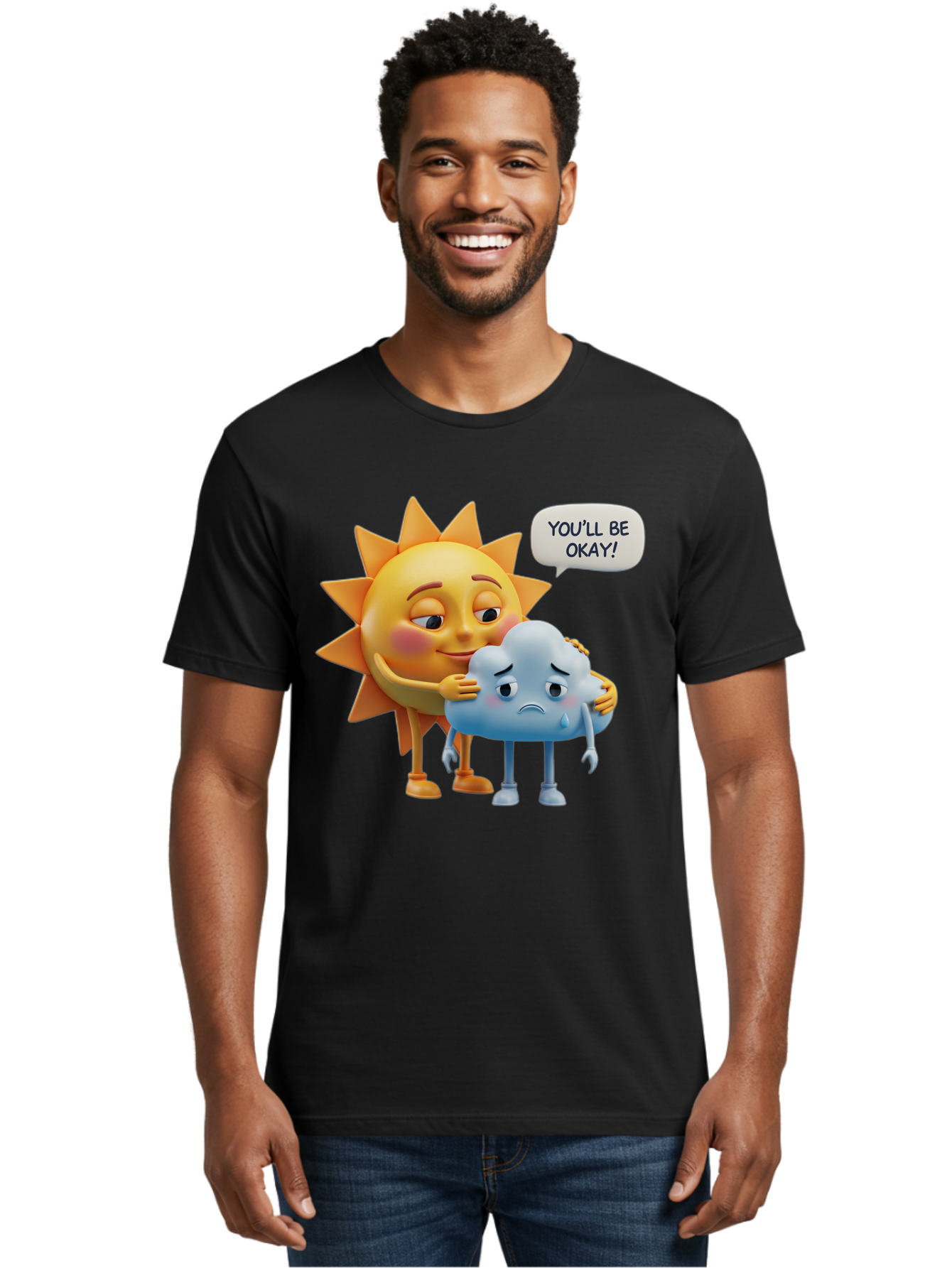 You-Ll-Be-Okay Men'S Graphic Tee, 100% Cotton, Comfortable Casual Summer Wear, Machine Washable, Sun Hugging Sad Cloud, Reassuring Words, Emotional Support, Comforting Scene, Mental Health Awareness, Positivity, Friendship, Cartoon Characters Bae110