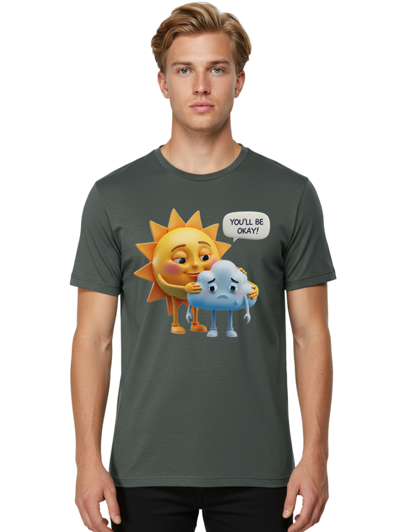 You-Ll-Be-Okay Men'S Graphic Tee, 100% Cotton, Comfortable Casual Summer Wear, Machine Washable, Sun Hugging Sad Cloud, Reassuring Words, Emotional Support, Comforting Scene, Mental Health Awareness, Positivity, Friendship, Cartoon Characters Bae110