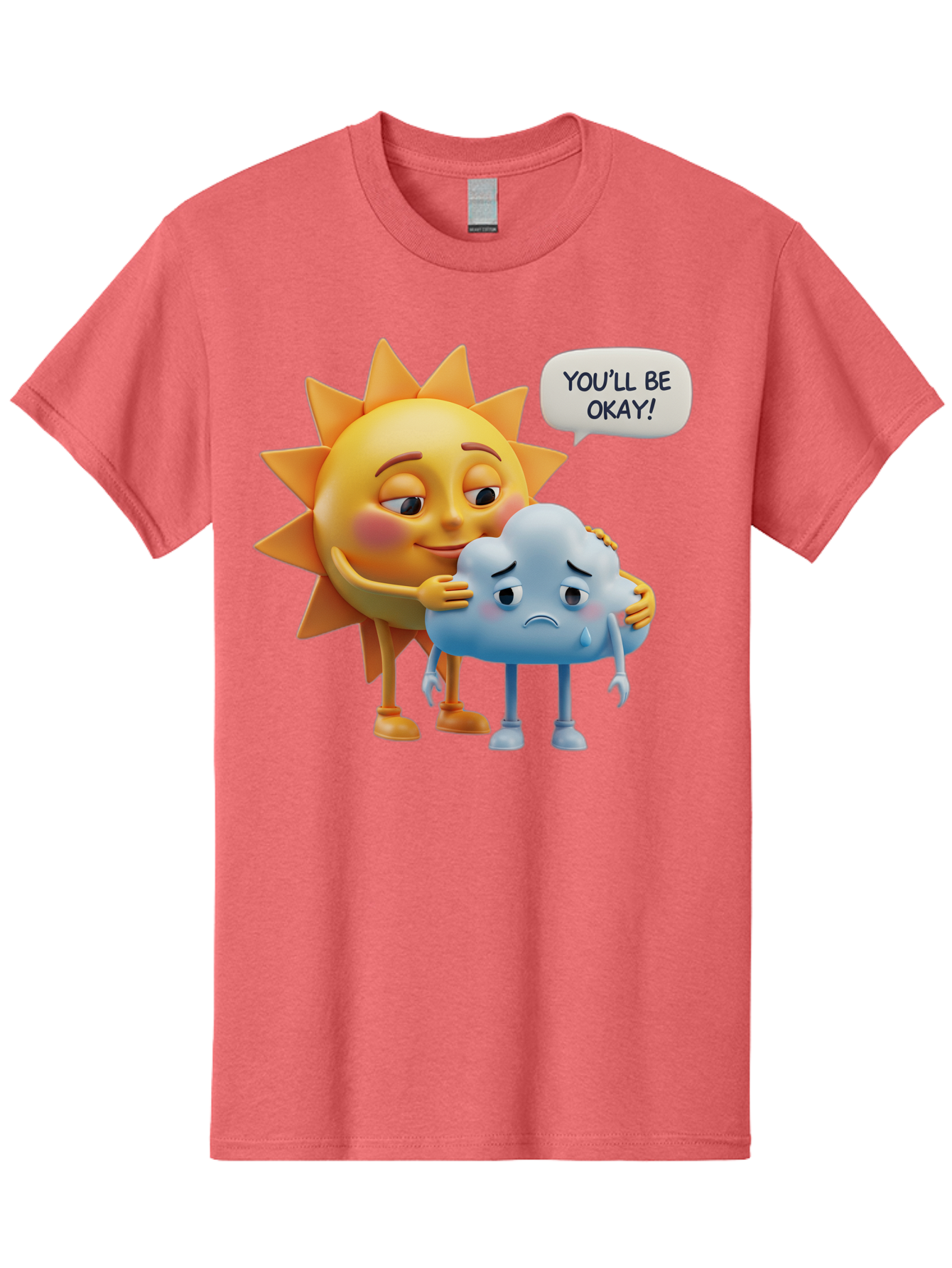You-Ll-Be-Okay Men'S Graphic Tee, 100% Cotton, Comfortable Casual Summer Wear, Machine Washable, Sun Hugging Sad Cloud, Reassuring Words, Emotional Support, Comforting Scene, Mental Health Awareness, Positivity, Friendship, Cartoon Characters Bae110
