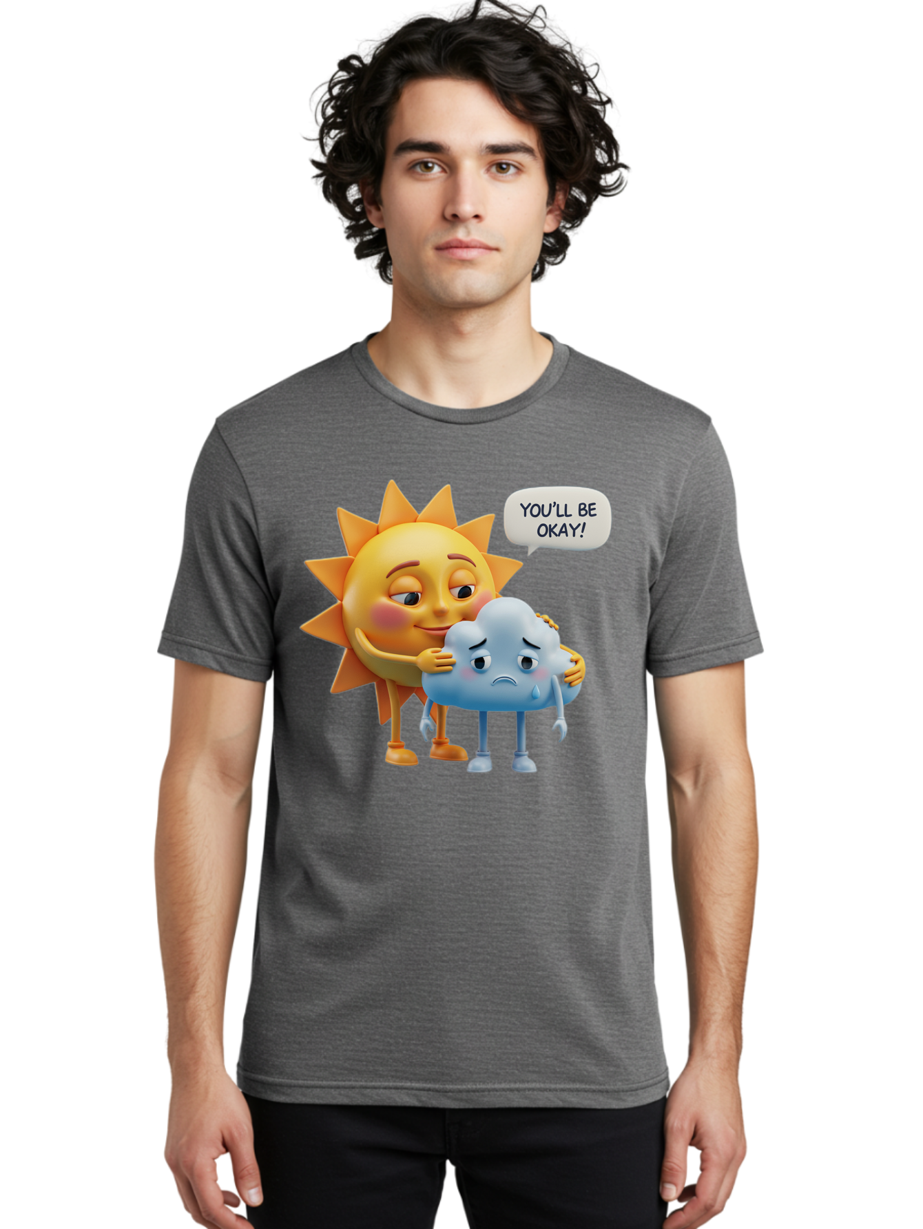 You-Ll-Be-Okay Men'S Graphic Tee, 100% Cotton, Comfortable Casual Summer Wear, Machine Washable, Sun Hugging Sad Cloud, Reassuring Words, Emotional Support, Comforting Scene, Mental Health Awareness, Positivity, Friendship, Cartoon Characters Bae110