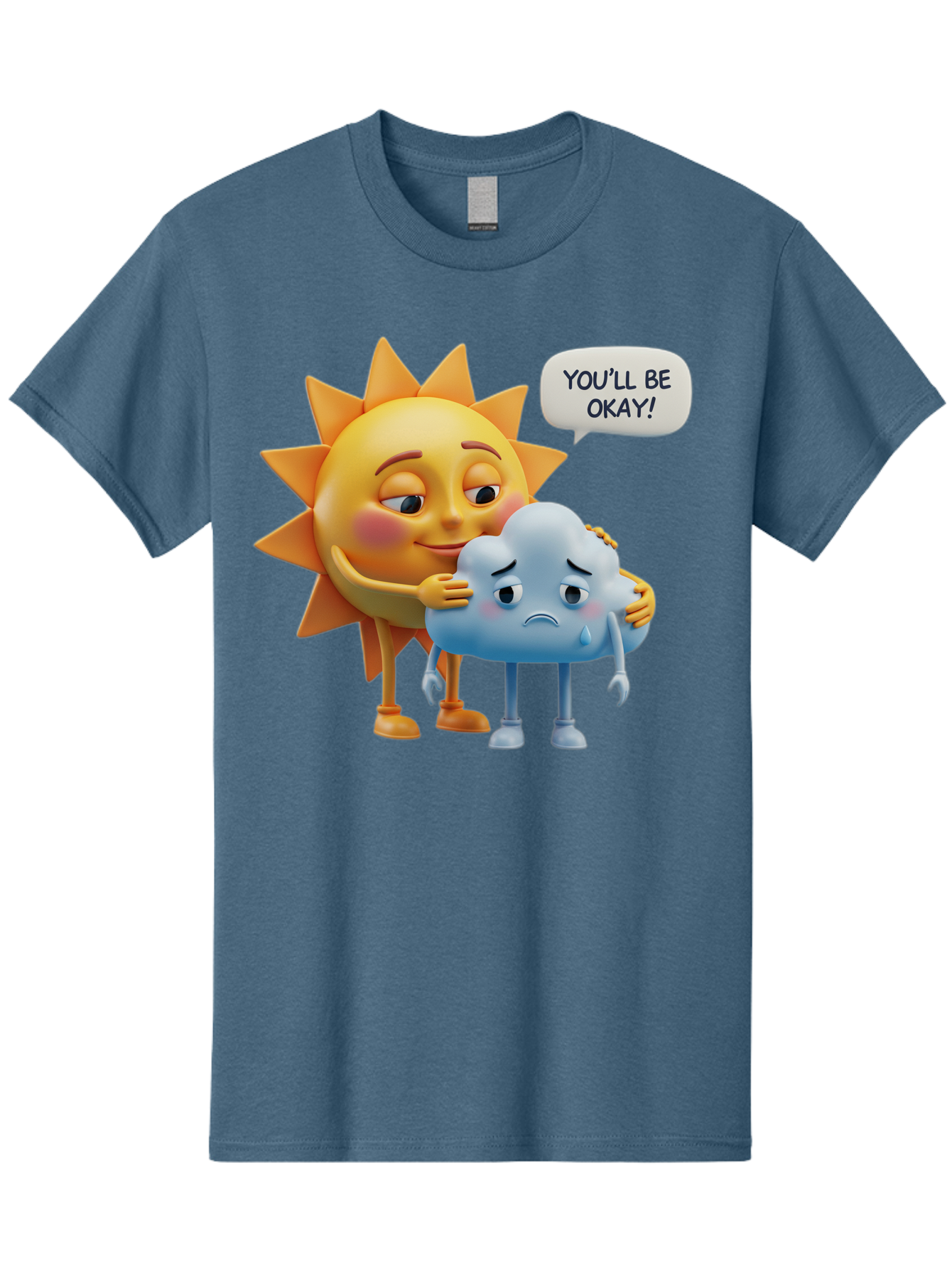 You-Ll-Be-Okay Men'S Graphic Tee, 100% Cotton, Comfortable Casual Summer Wear, Machine Washable, Sun Hugging Sad Cloud, Reassuring Words, Emotional Support, Comforting Scene, Mental Health Awareness, Positivity, Friendship, Cartoon Characters Bae110