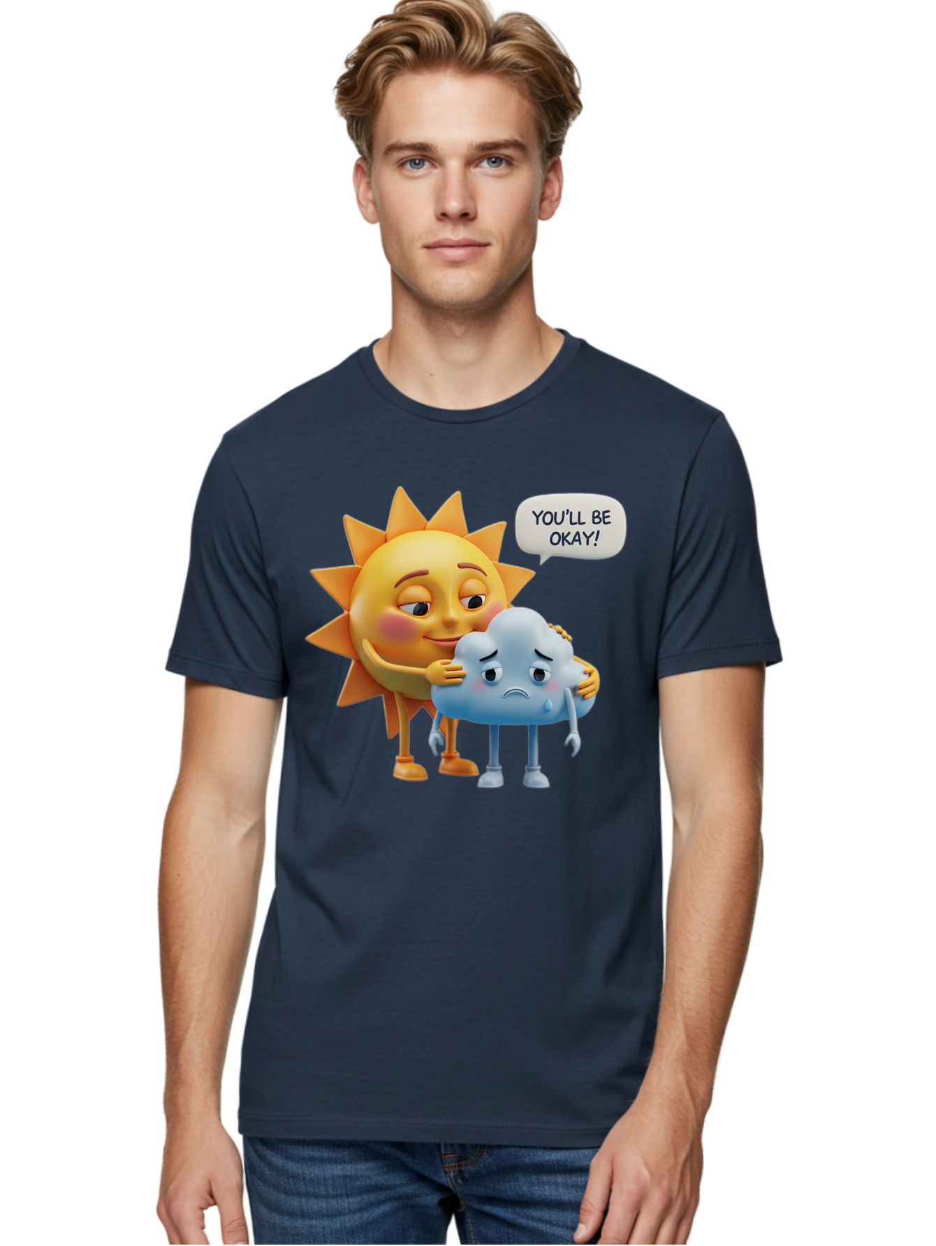 You-Ll-Be-Okay Men'S Graphic Tee, 100% Cotton, Comfortable Casual Summer Wear, Machine Washable, Sun Hugging Sad Cloud, Reassuring Words, Emotional Support, Comforting Scene, Mental Health Awareness, Positivity, Friendship, Cartoon Characters Bae110