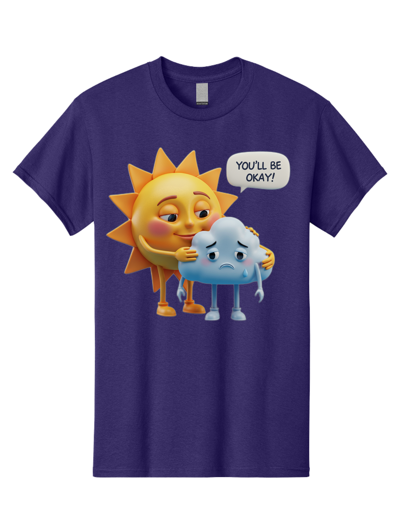 You-Ll-Be-Okay Men'S Graphic Tee, 100% Cotton, Comfortable Casual Summer Wear, Machine Washable, Sun Hugging Sad Cloud, Reassuring Words, Emotional Support, Comforting Scene, Mental Health Awareness, Positivity, Friendship, Cartoon Characters Bae110
