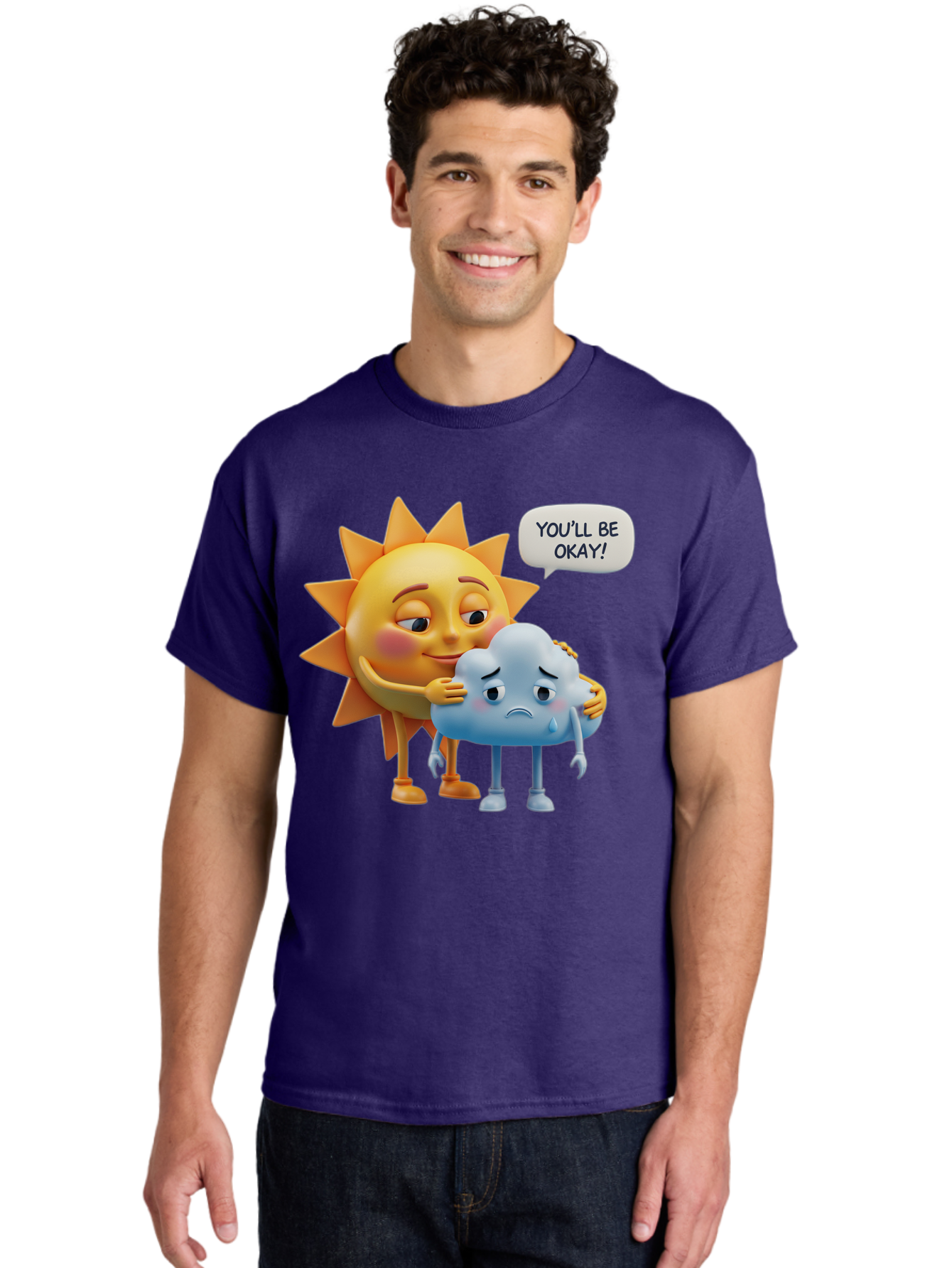You-Ll-Be-Okay Men'S Graphic Tee, 100% Cotton, Comfortable Casual Summer Wear, Machine Washable, Sun Hugging Sad Cloud, Reassuring Words, Emotional Support, Comforting Scene, Mental Health Awareness, Positivity, Friendship, Cartoon Characters Bae110