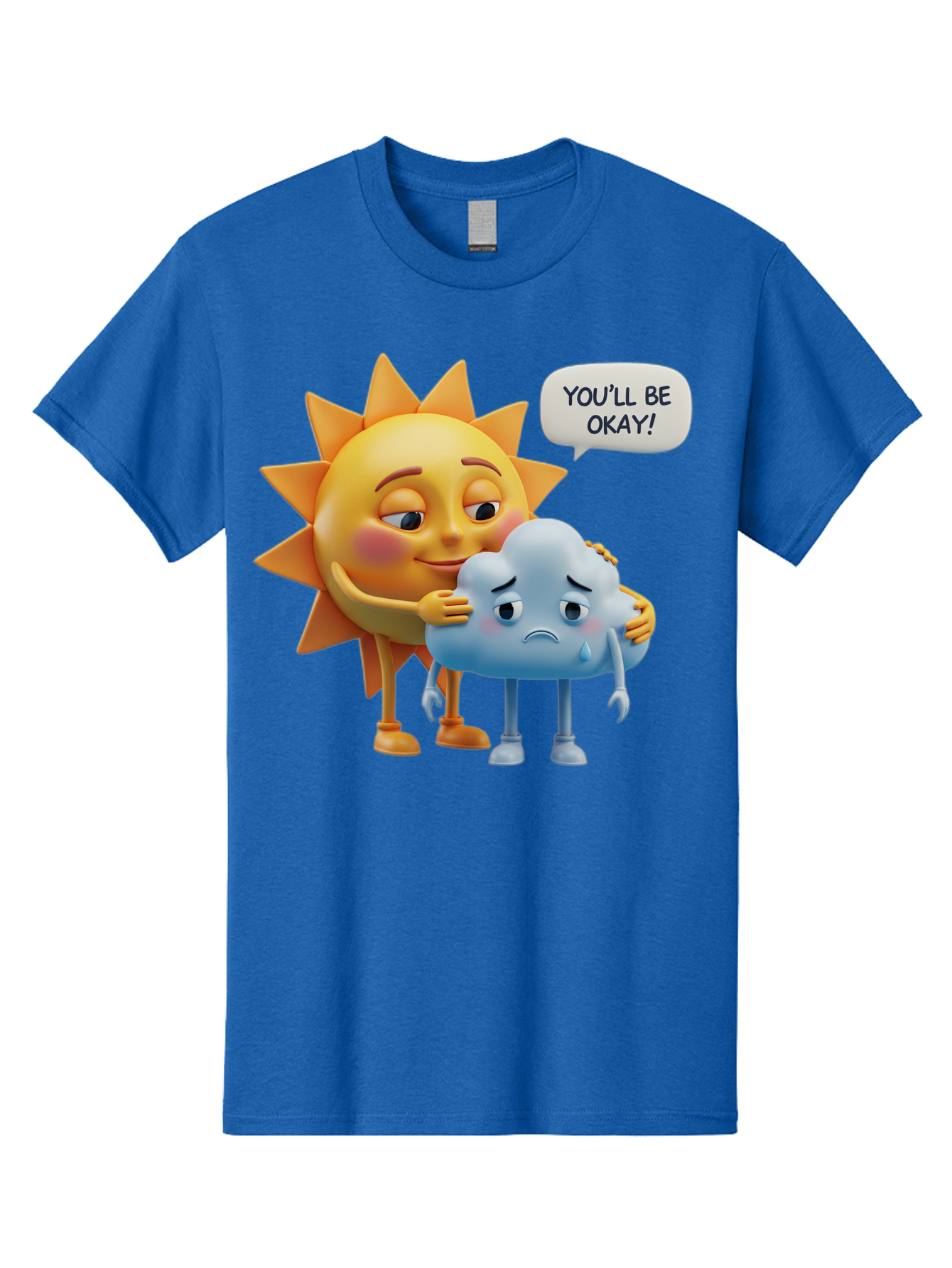 You-Ll-Be-Okay Men'S Graphic Tee, 100% Cotton, Comfortable Casual Summer Wear, Machine Washable, Sun Hugging Sad Cloud, Reassuring Words, Emotional Support, Comforting Scene, Mental Health Awareness, Positivity, Friendship, Cartoon Characters Bae110