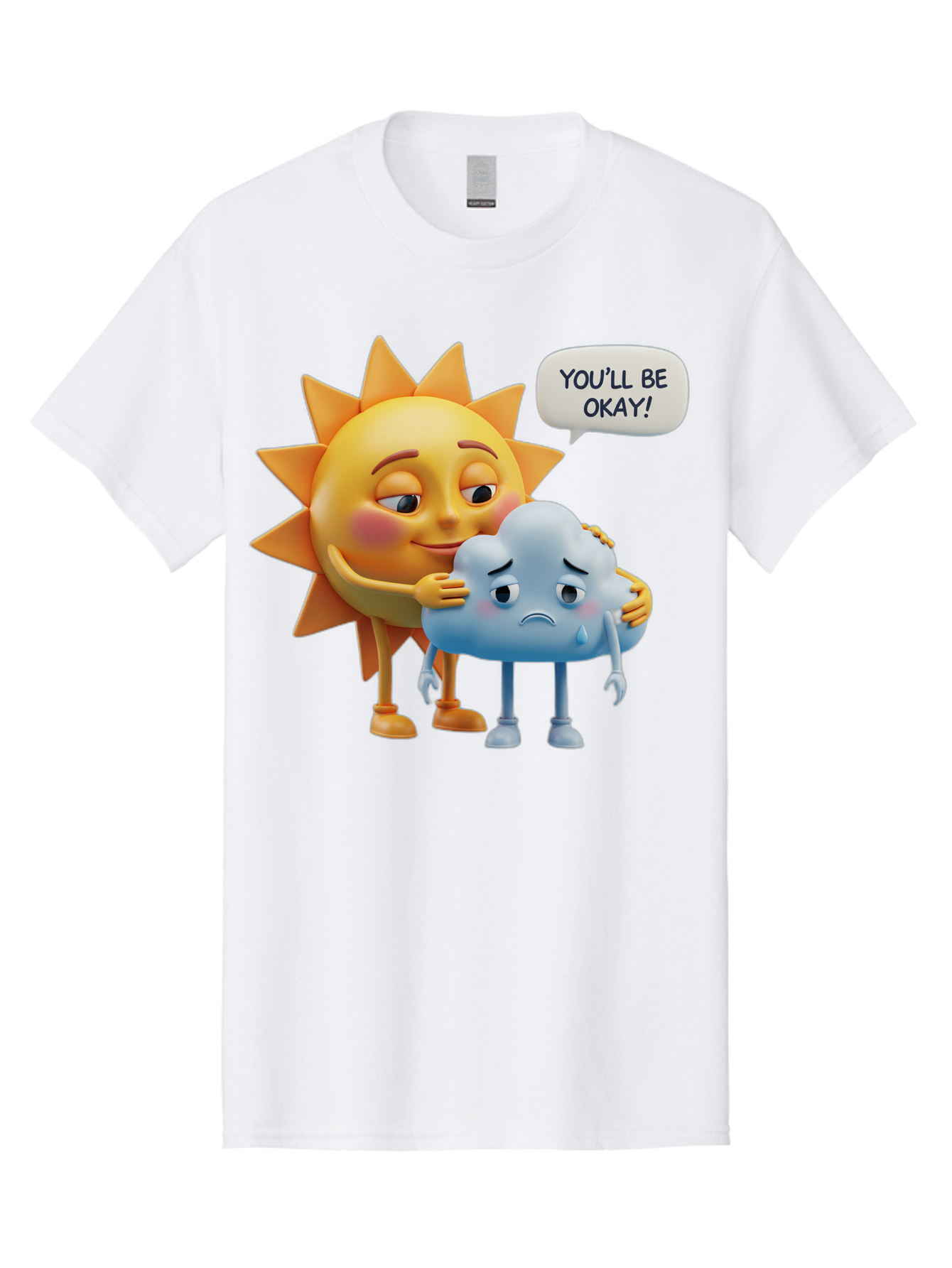You-Ll-Be-Okay Men'S Graphic Tee, 100% Cotton, Comfortable Casual Summer Wear, Machine Washable, Sun Hugging Sad Cloud, Reassuring Words, Emotional Support, Comforting Scene, Mental Health Awareness, Positivity, Friendship, Cartoon Characters Bae110