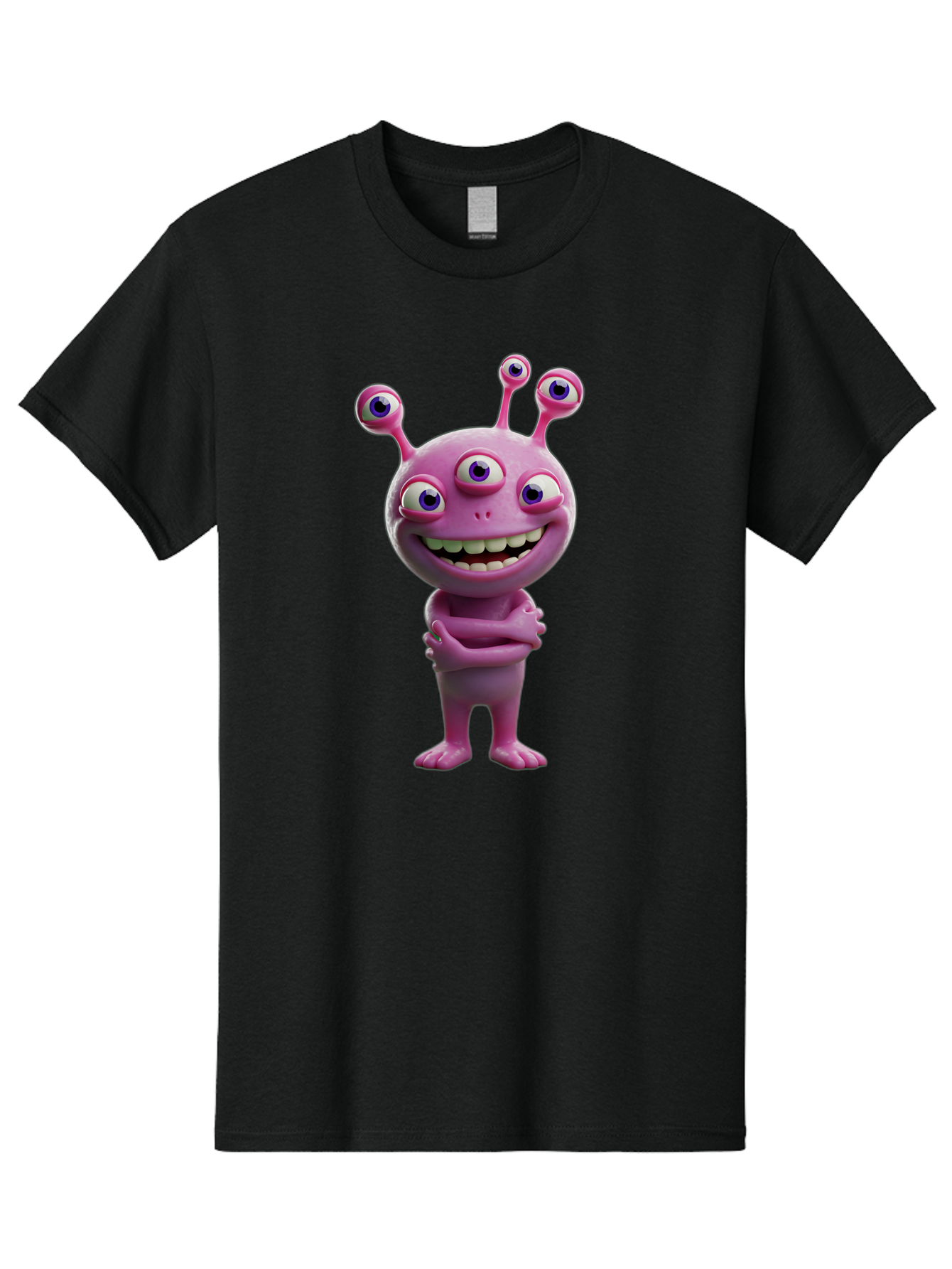 Alien-Character Men'S Graphic Tee, 100% Cotton, Comfortable Casual Summer Wear, Machine Washable, Pink Alien, Cartoon Character, Multiple Eyes, Wide Smile, Playful Vibe, Funny Creature, 3D Illustration, Fantasy Being, Happy Face, Playful Eyes Bae111