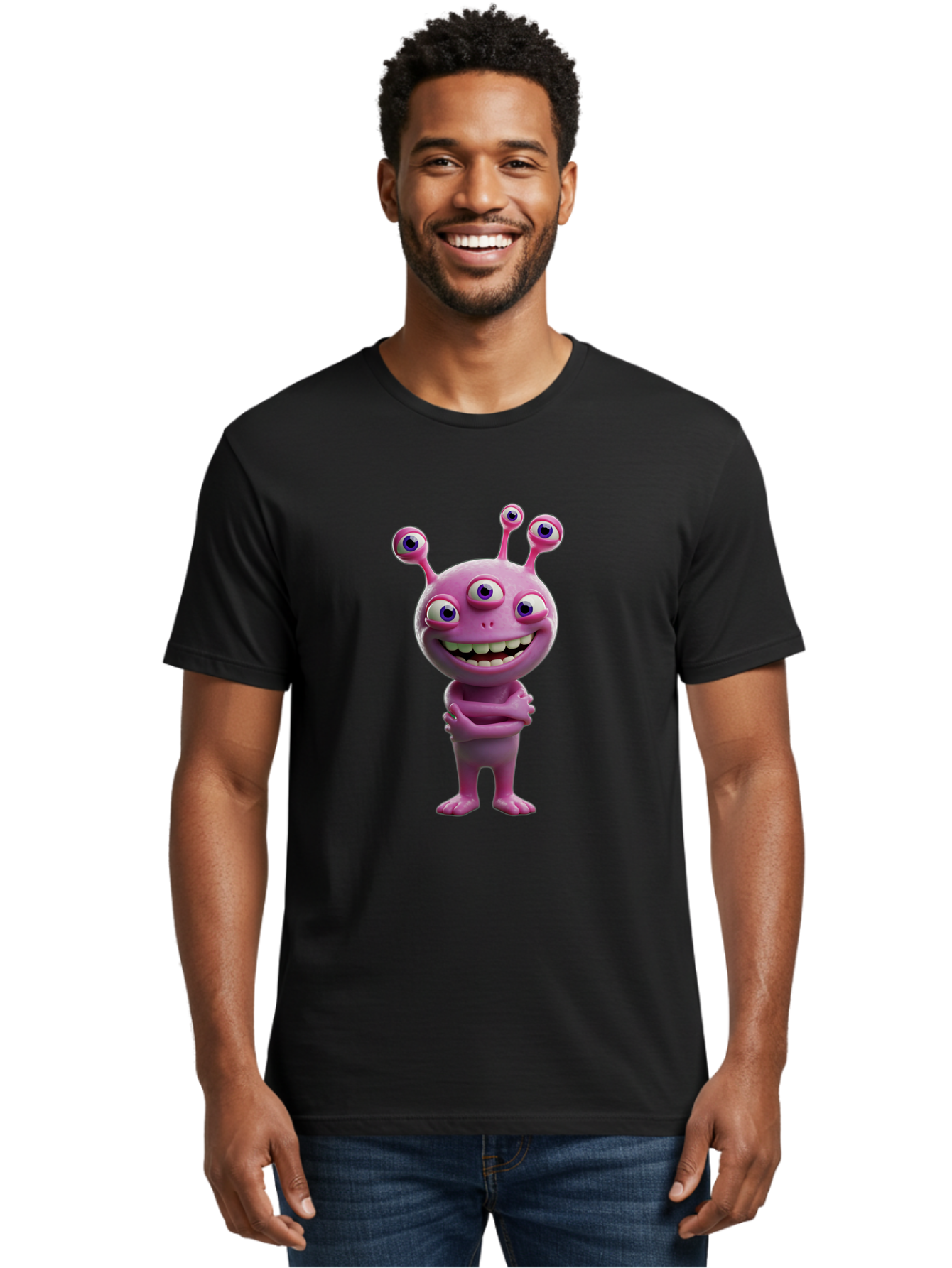 Alien-Character Men'S Graphic Tee, 100% Cotton, Comfortable Casual Summer Wear, Machine Washable, Pink Alien, Cartoon Character, Multiple Eyes, Wide Smile, Playful Vibe, Funny Creature, 3D Illustration, Fantasy Being, Happy Face, Playful Eyes Bae111