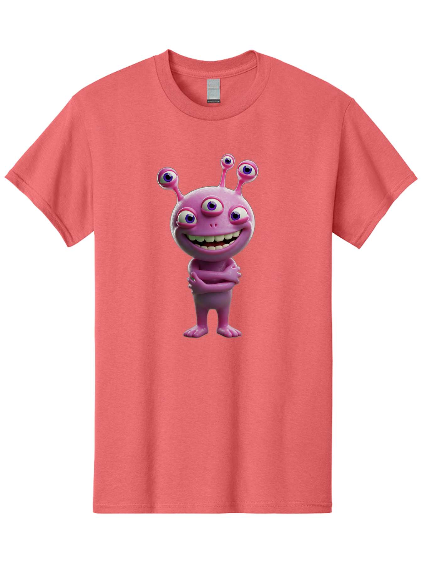 Alien-Character Men'S Graphic Tee, 100% Cotton, Comfortable Casual Summer Wear, Machine Washable, Pink Alien, Cartoon Character, Multiple Eyes, Wide Smile, Playful Vibe, Funny Creature, 3D Illustration, Fantasy Being, Happy Face, Playful Eyes Bae111