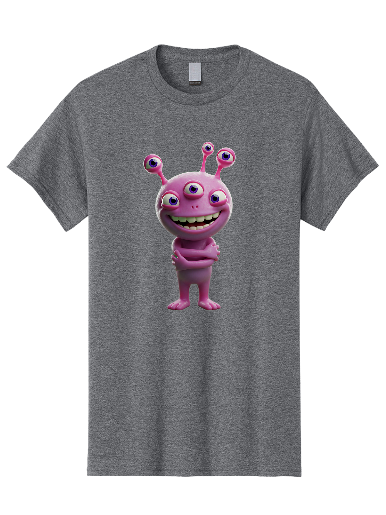 Alien-Character Men'S Graphic Tee, 100% Cotton, Comfortable Casual Summer Wear, Machine Washable, Pink Alien, Cartoon Character, Multiple Eyes, Wide Smile, Playful Vibe, Funny Creature, 3D Illustration, Fantasy Being, Happy Face, Playful Eyes Bae111