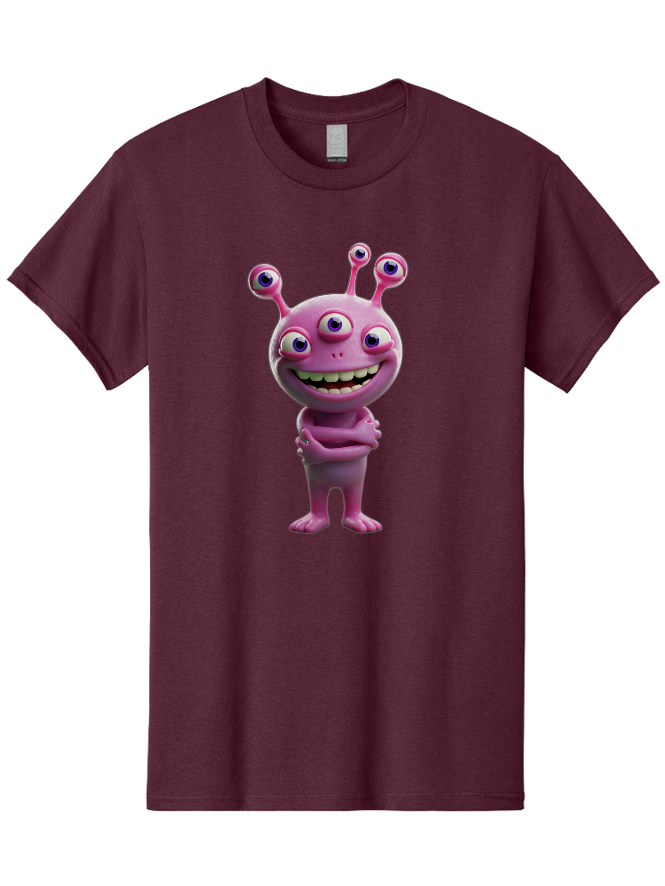 Alien-Character Men'S Graphic Tee, 100% Cotton, Comfortable Casual Summer Wear, Machine Washable, Pink Alien, Cartoon Character, Multiple Eyes, Wide Smile, Playful Vibe, Funny Creature, 3D Illustration, Fantasy Being, Happy Face, Playful Eyes Bae111