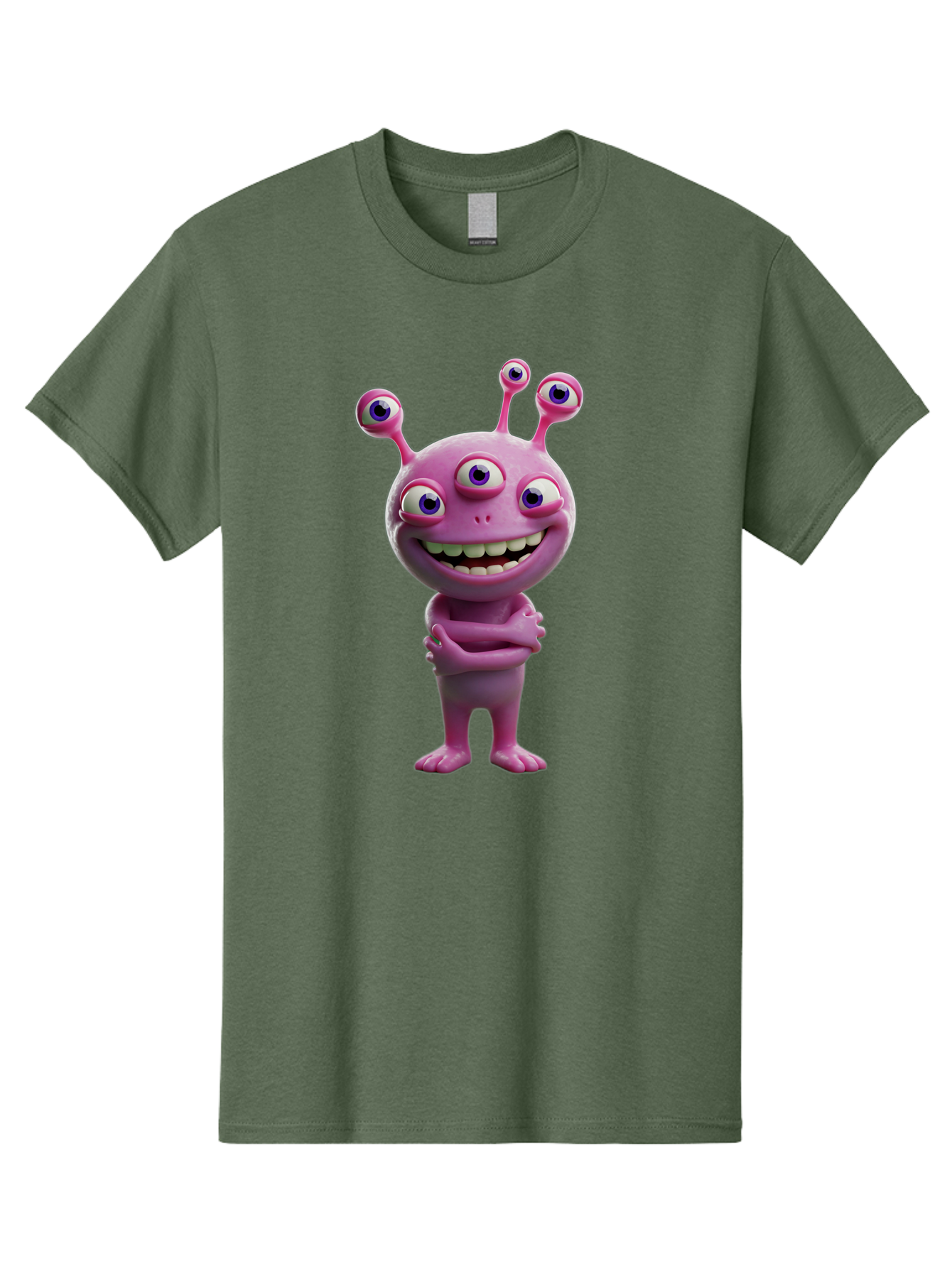 Alien-Character Men'S Graphic Tee, 100% Cotton, Comfortable Casual Summer Wear, Machine Washable, Pink Alien, Cartoon Character, Multiple Eyes, Wide Smile, Playful Vibe, Funny Creature, 3D Illustration, Fantasy Being, Happy Face, Playful Eyes Bae111