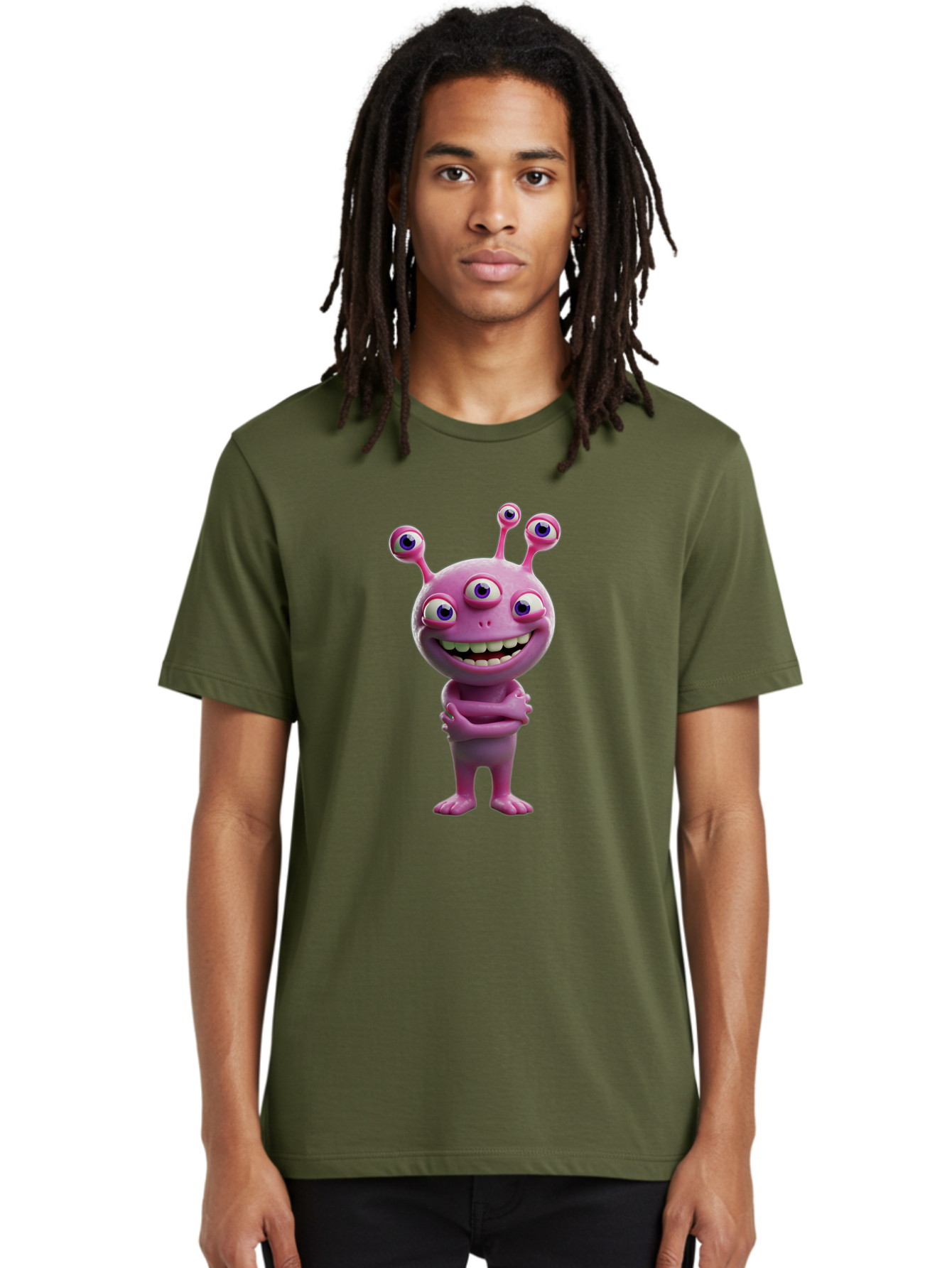 Alien-Character Men'S Graphic Tee, 100% Cotton, Comfortable Casual Summer Wear, Machine Washable, Pink Alien, Cartoon Character, Multiple Eyes, Wide Smile, Playful Vibe, Funny Creature, 3D Illustration, Fantasy Being, Happy Face, Playful Eyes Bae111