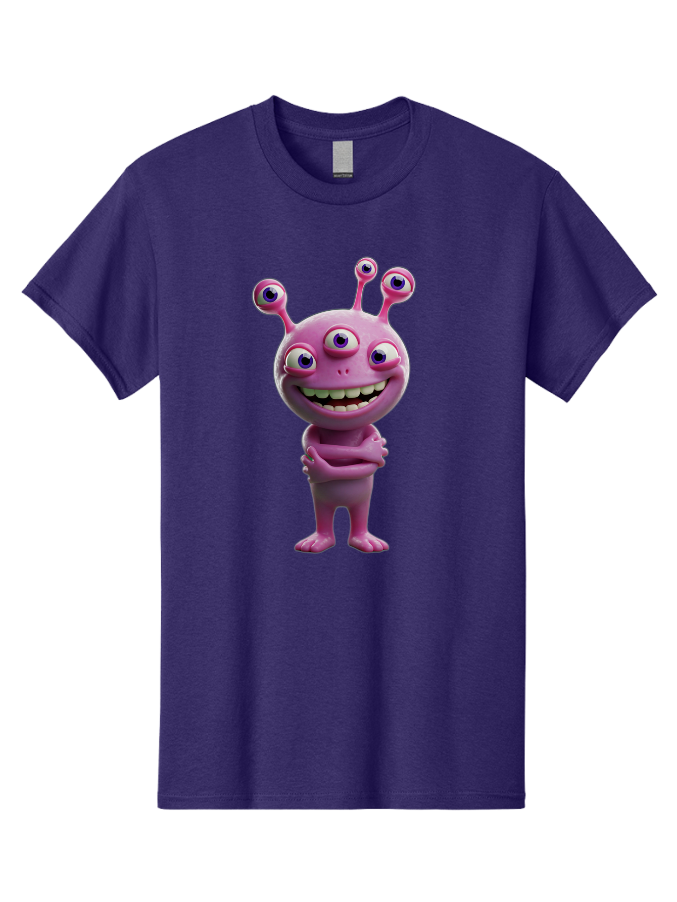 Alien-Character Men'S Graphic Tee, 100% Cotton, Comfortable Casual Summer Wear, Machine Washable, Pink Alien, Cartoon Character, Multiple Eyes, Wide Smile, Playful Vibe, Funny Creature, 3D Illustration, Fantasy Being, Happy Face, Playful Eyes Bae111