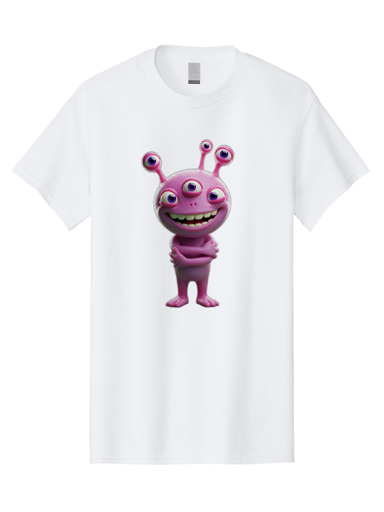 Alien-Character Men'S Graphic Tee, 100% Cotton, Comfortable Casual Summer Wear, Machine Washable, Pink Alien, Cartoon Character, Multiple Eyes, Wide Smile, Playful Vibe, Funny Creature, 3D Illustration, Fantasy Being, Happy Face, Playful Eyes Bae111
