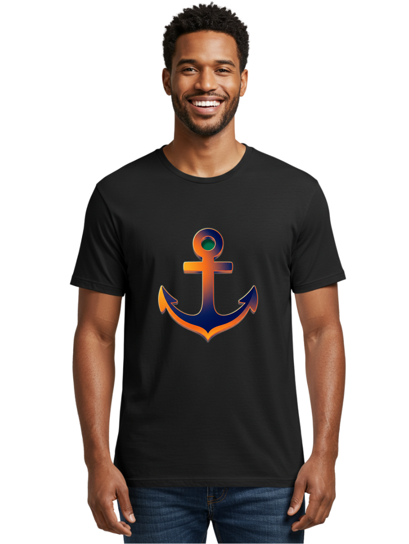 Anchor Men'S Graphic Tee, 100% Cotton, Comfortable Casual Summer Wear, Machine Washable, Anchor Symbol, Nautical Theme, Navy Blue And Orange Gradient, 3D Effect, Maritime Icon, Bold Design, Gradient Colors, Anchor Illustration Bae114