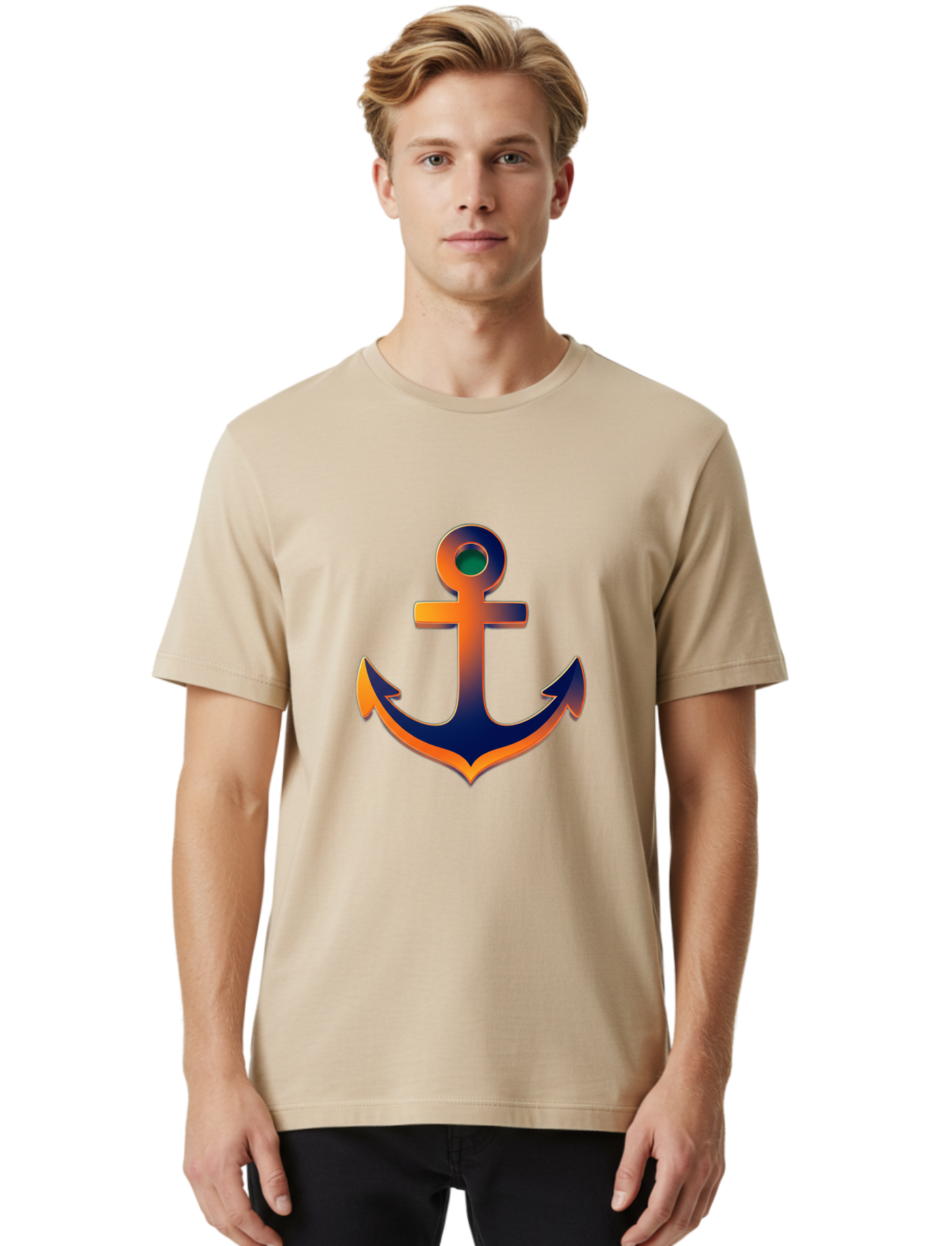 Anchor Men'S Graphic Tee, 100% Cotton, Comfortable Casual Summer Wear, Machine Washable, Anchor Symbol, Nautical Theme, Navy Blue And Orange Gradient, 3D Effect, Maritime Icon, Bold Design, Gradient Colors, Anchor Illustration Bae114