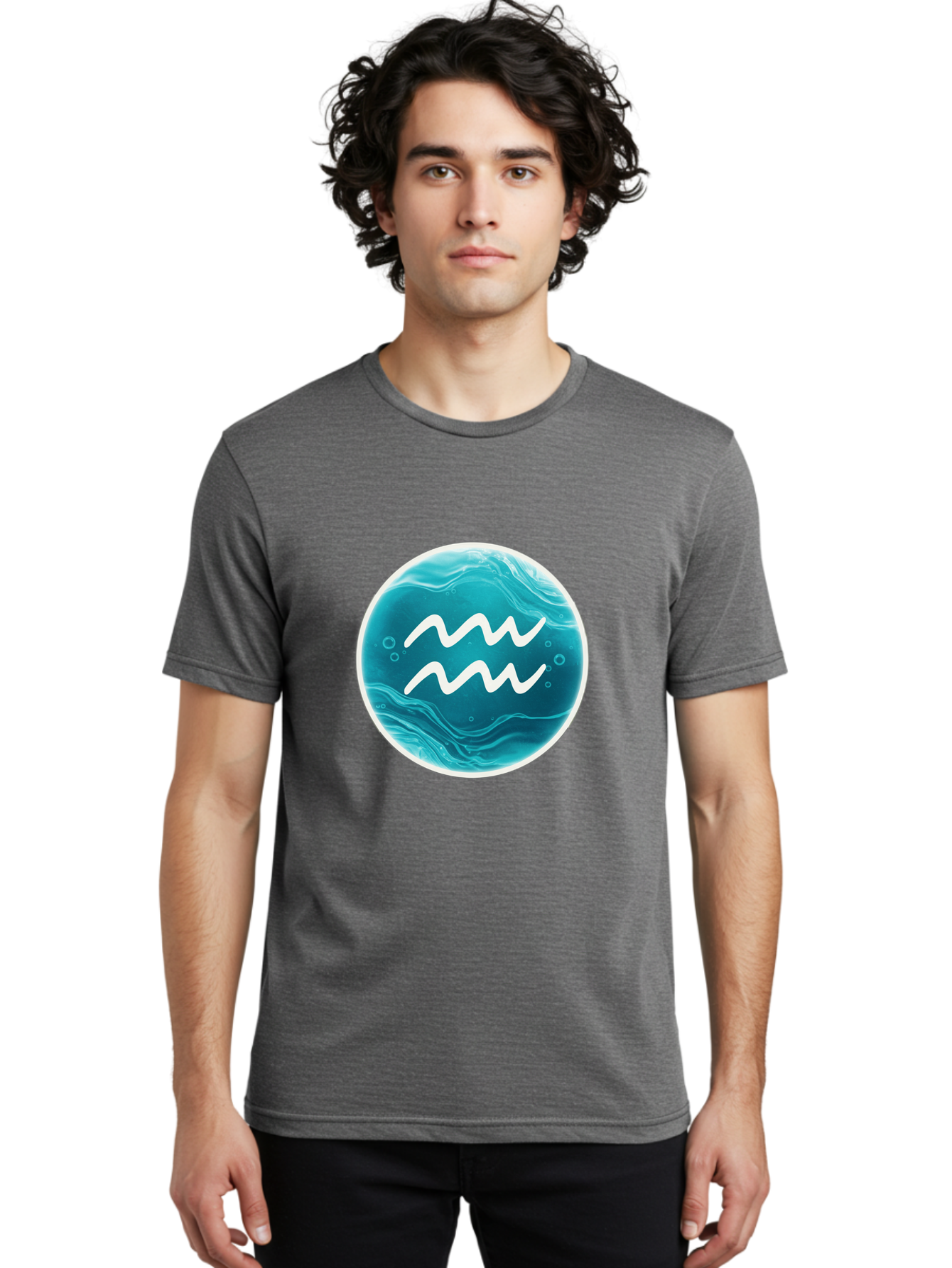 Aquarius Men'S Graphic Tee, 100% Cotton, Comfortable Casual Summer Wear, Machine Washable, Zodiac Symbol, Water Bearer Sign, Astrology Symbol, Aquarius Symbol, White Waves, Blue Circle, Mystical Design, Esoteric Art Bae115