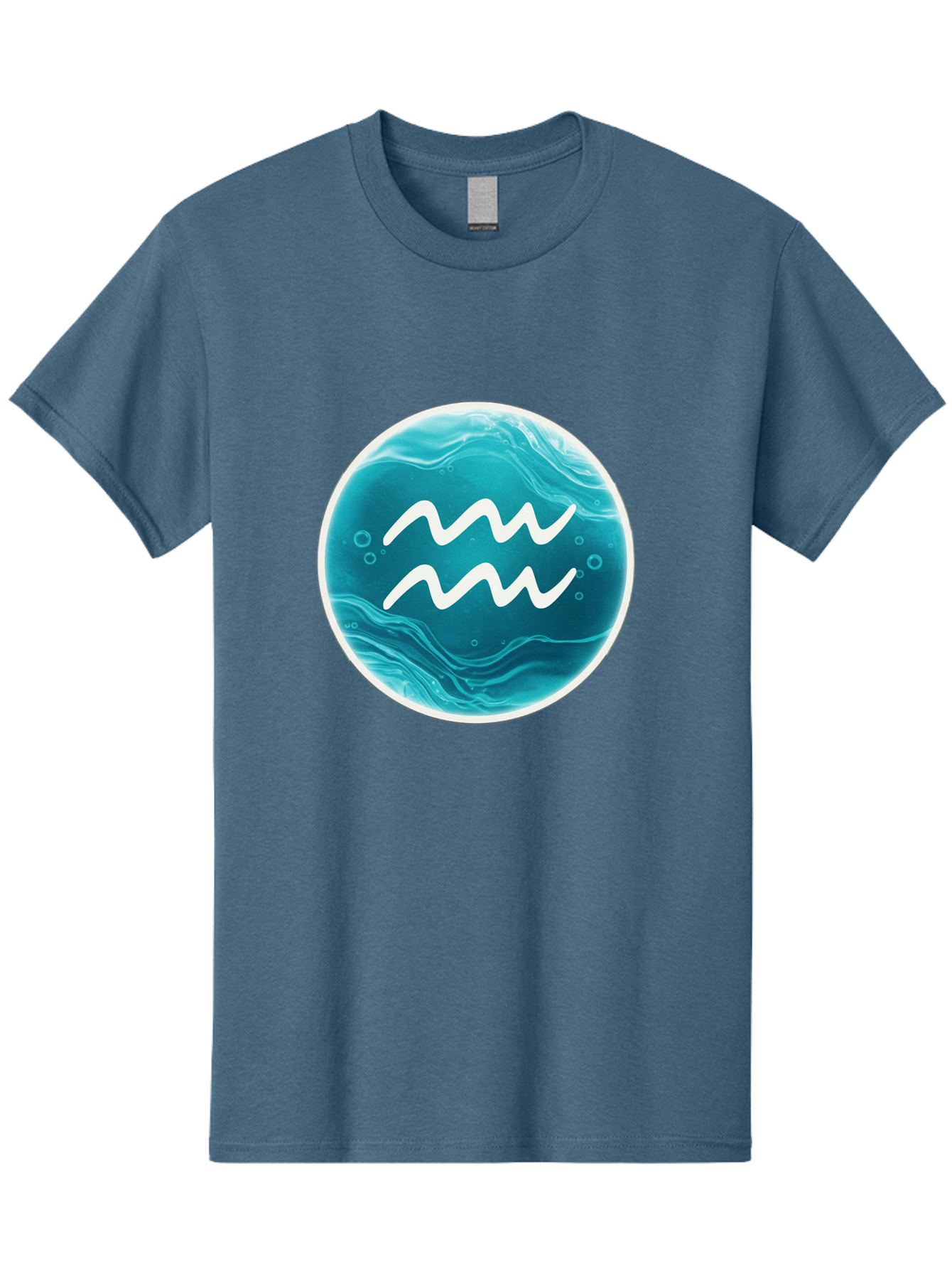 Aquarius Men'S Graphic Tee, 100% Cotton, Comfortable Casual Summer Wear, Machine Washable, Zodiac Symbol, Water Bearer Sign, Astrology Symbol, Aquarius Symbol, White Waves, Blue Circle, Mystical Design, Esoteric Art Bae115