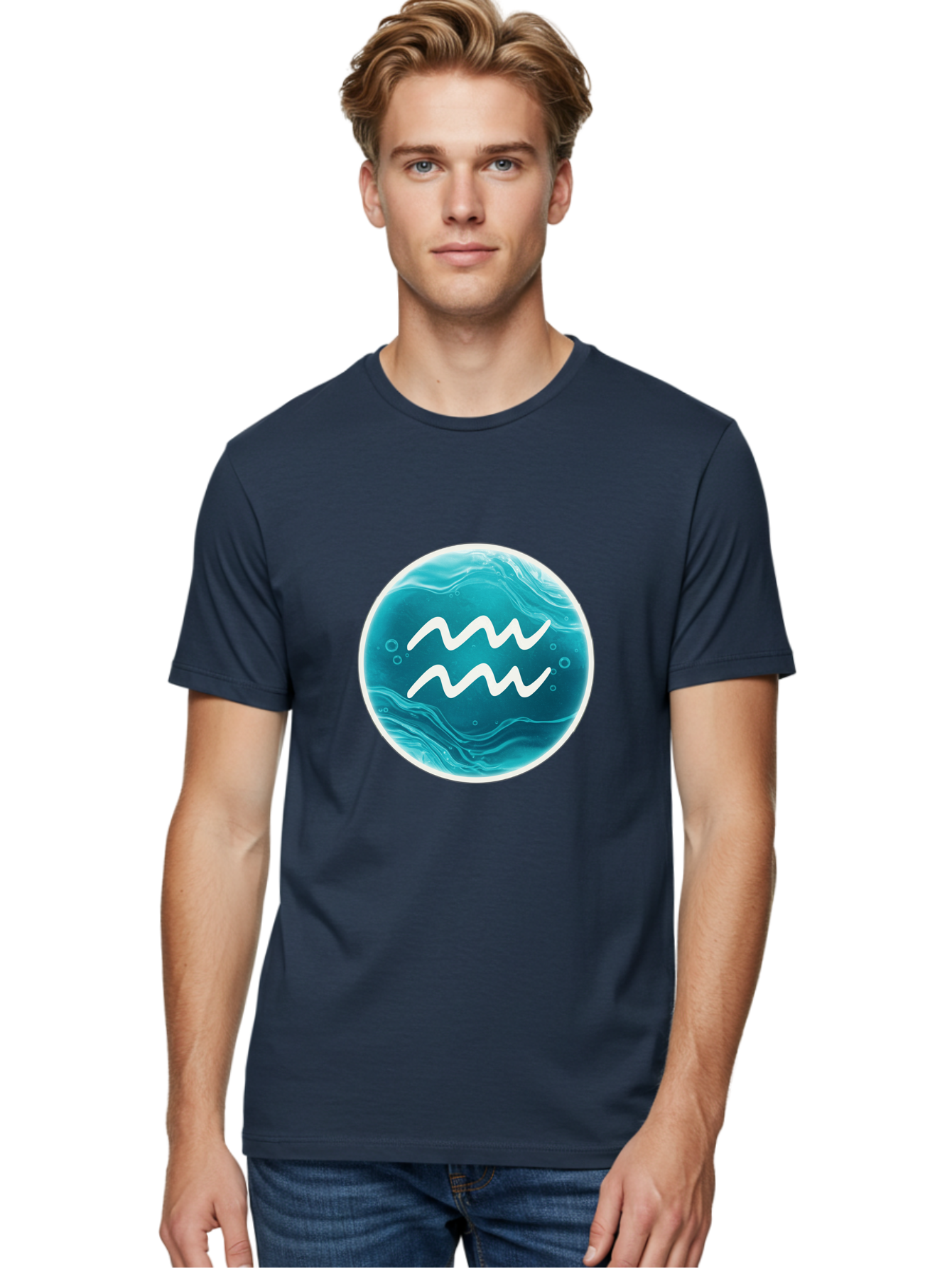 Aquarius Men'S Graphic Tee, 100% Cotton, Comfortable Casual Summer Wear, Machine Washable, Zodiac Symbol, Water Bearer Sign, Astrology Symbol, Aquarius Symbol, White Waves, Blue Circle, Mystical Design, Esoteric Art Bae115