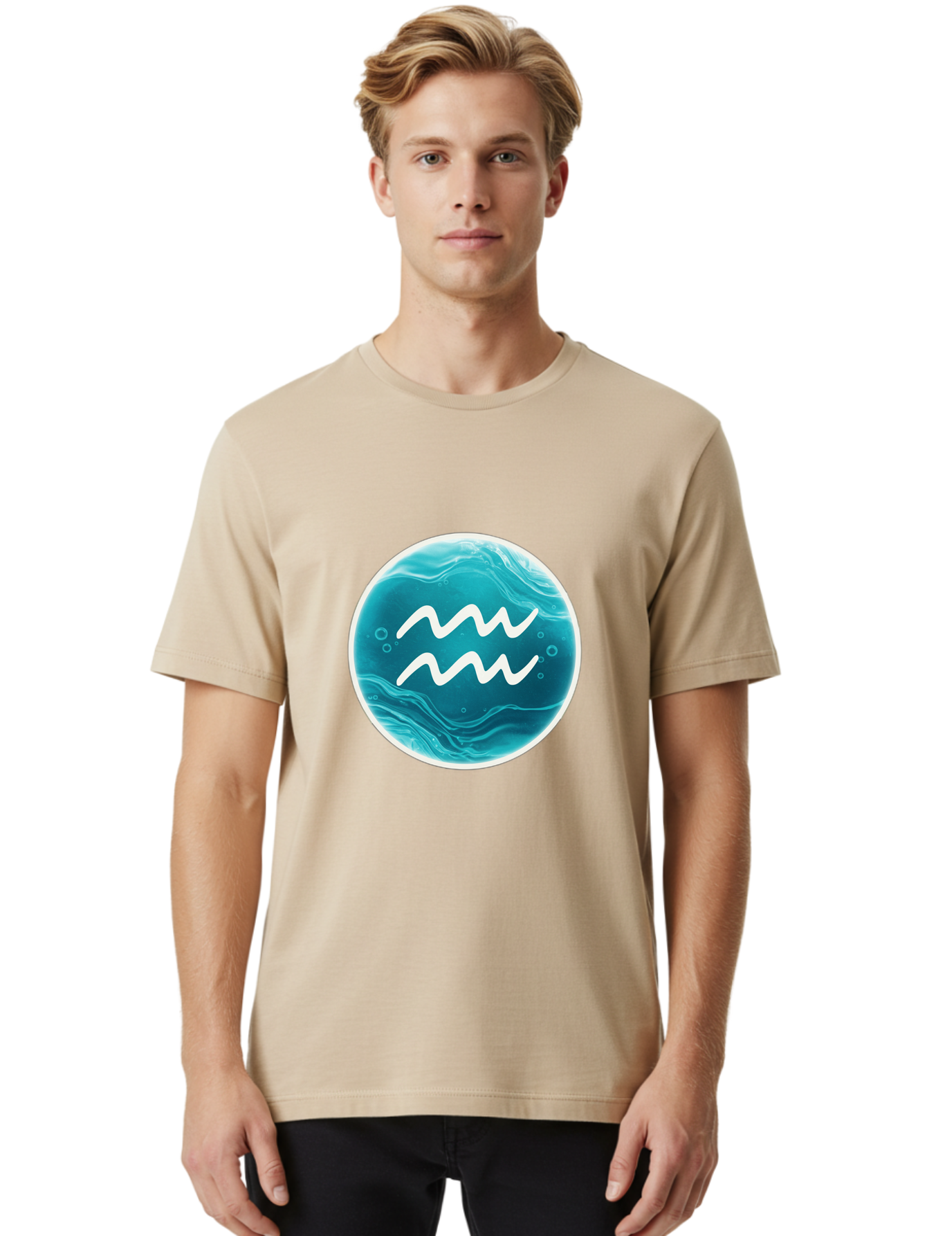 Aquarius Men'S Graphic Tee, 100% Cotton, Comfortable Casual Summer Wear, Machine Washable, Zodiac Symbol, Water Bearer Sign, Astrology Symbol, Aquarius Symbol, White Waves, Blue Circle, Mystical Design, Esoteric Art Bae115