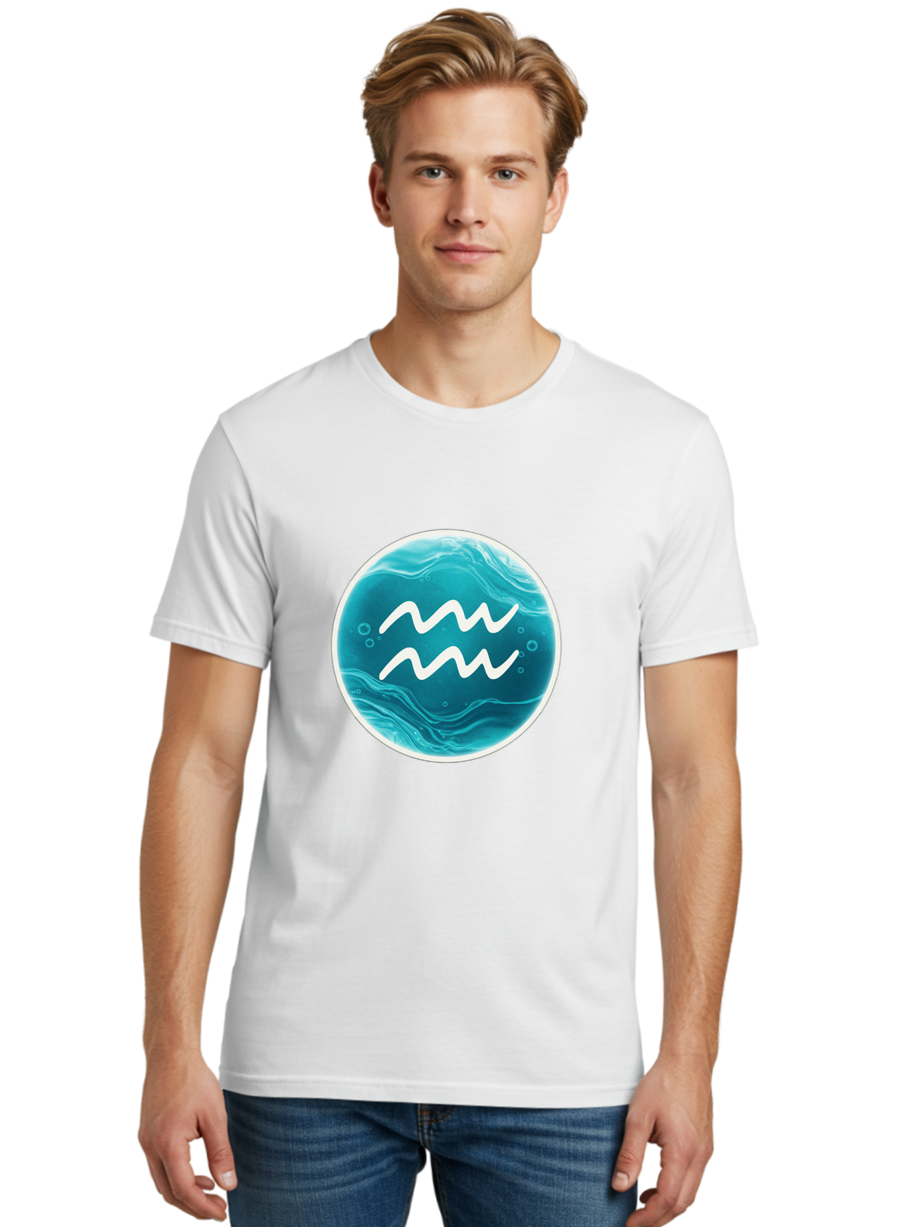 Aquarius Men'S Graphic Tee, 100% Cotton, Comfortable Casual Summer Wear, Machine Washable, Zodiac Symbol, Water Bearer Sign, Astrology Symbol, Aquarius Symbol, White Waves, Blue Circle, Mystical Design, Esoteric Art Bae115