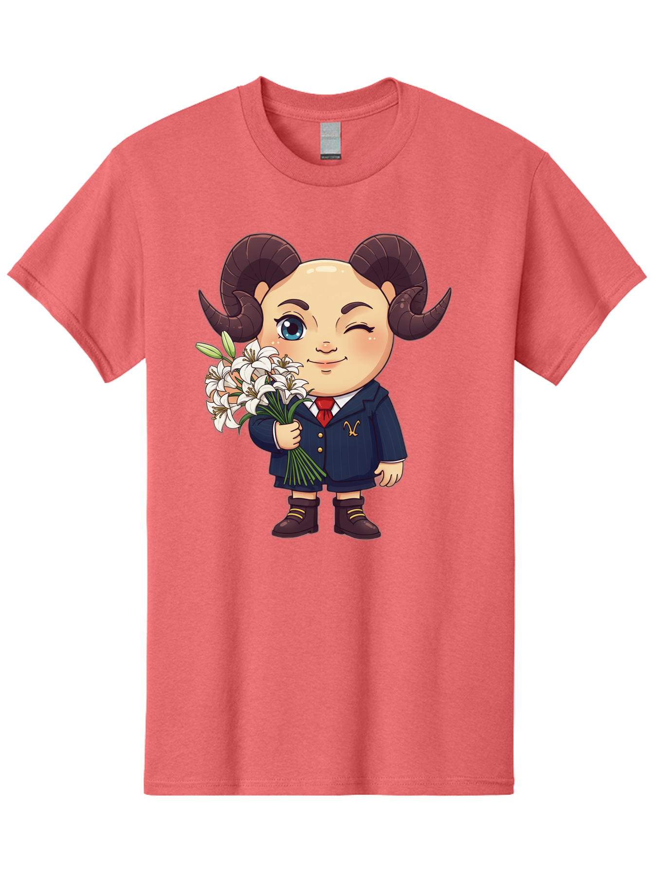Aries-Zodiac-Cartoon-Character Men'S Graphic Tee, 100% Cotton, Comfortable Casual Summer Wear, Machine Washable, Cartoon Aries Character, Formal Attire, Bouquet Of White Flowers, Astrology Symbol, Zodiac Sign, Unique Illustration, Bae117