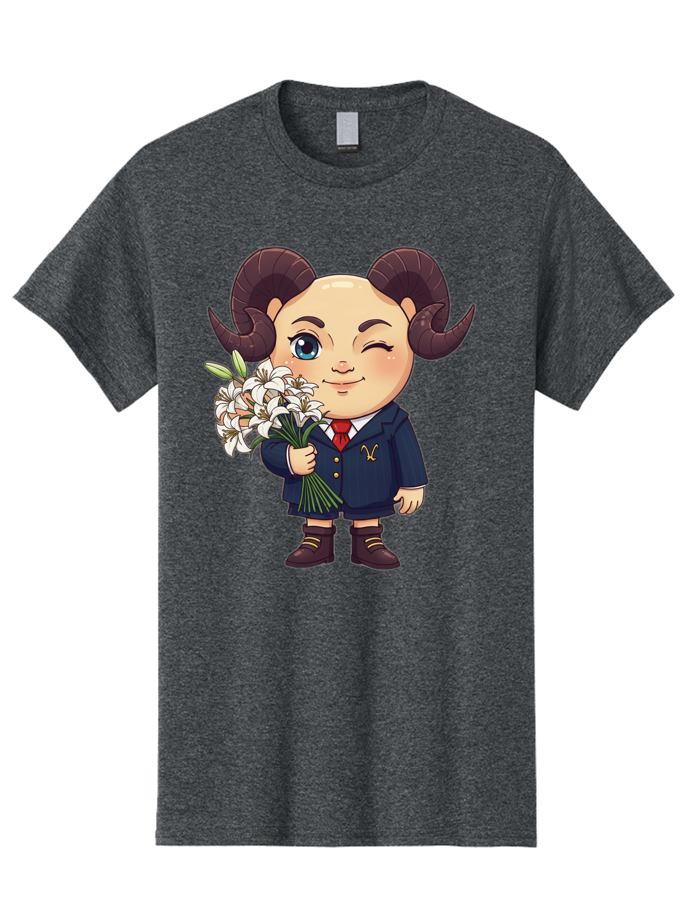 Aries-Zodiac-Cartoon-Character Men'S Graphic Tee, 100% Cotton, Comfortable Casual Summer Wear, Machine Washable, Cartoon Aries Character, Formal Attire, Bouquet Of White Flowers, Astrology Symbol, Zodiac Sign, Unique Illustration, Bae117