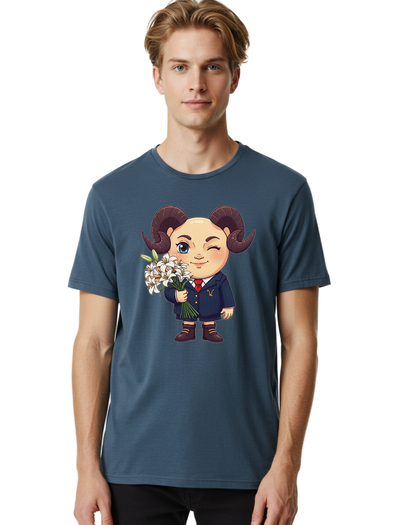 Aries-Zodiac-Cartoon-Character Men'S Graphic Tee, 100% Cotton, Comfortable Casual Summer Wear, Machine Washable, Cartoon Aries Character, Formal Attire, Bouquet Of White Flowers, Astrology Symbol, Zodiac Sign, Unique Illustration, Bae117