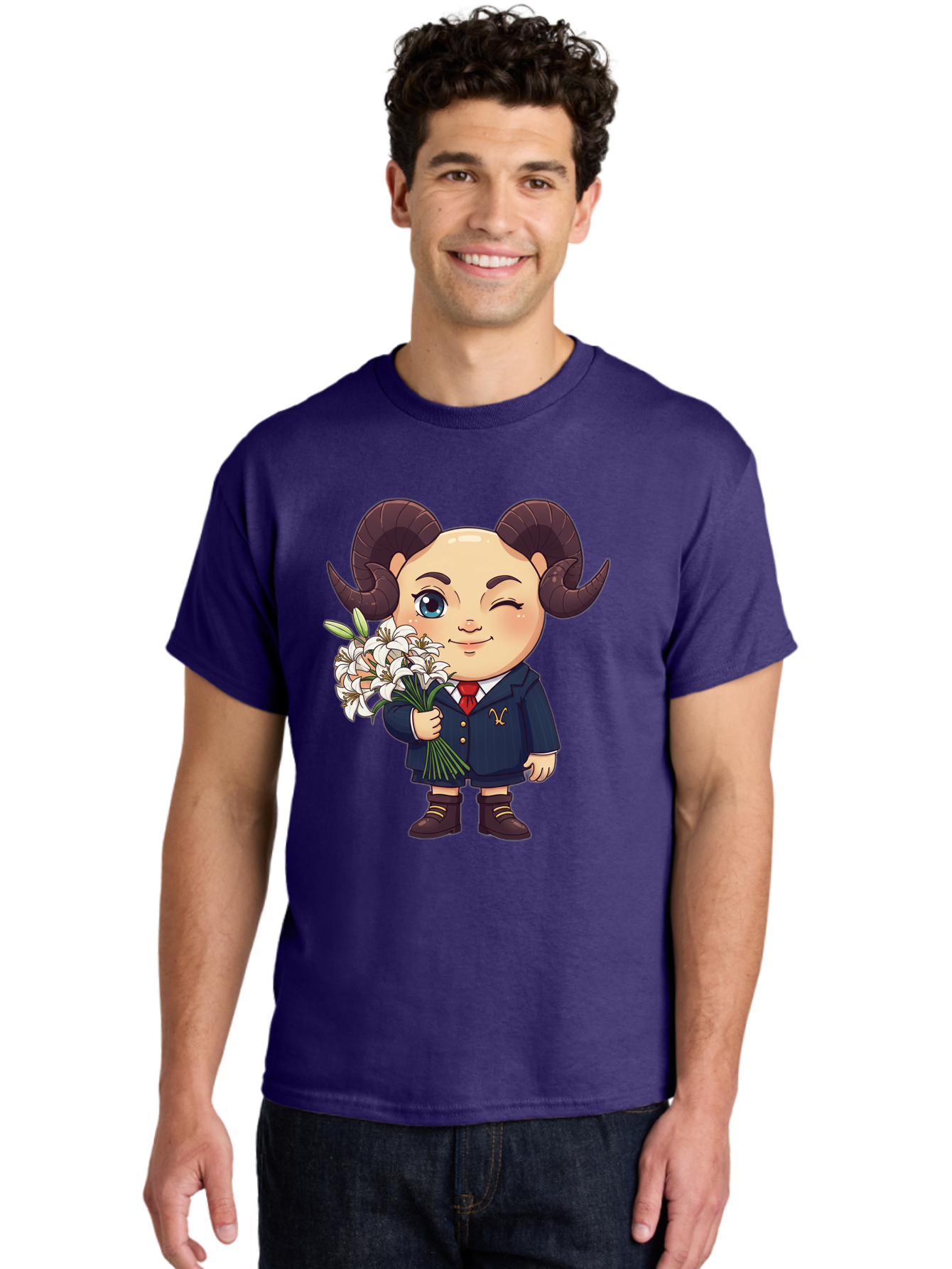 Aries-Zodiac-Cartoon-Character Men'S Graphic Tee, 100% Cotton, Comfortable Casual Summer Wear, Machine Washable, Cartoon Aries Character, Formal Attire, Bouquet Of White Flowers, Astrology Symbol, Zodiac Sign, Unique Illustration, Bae117