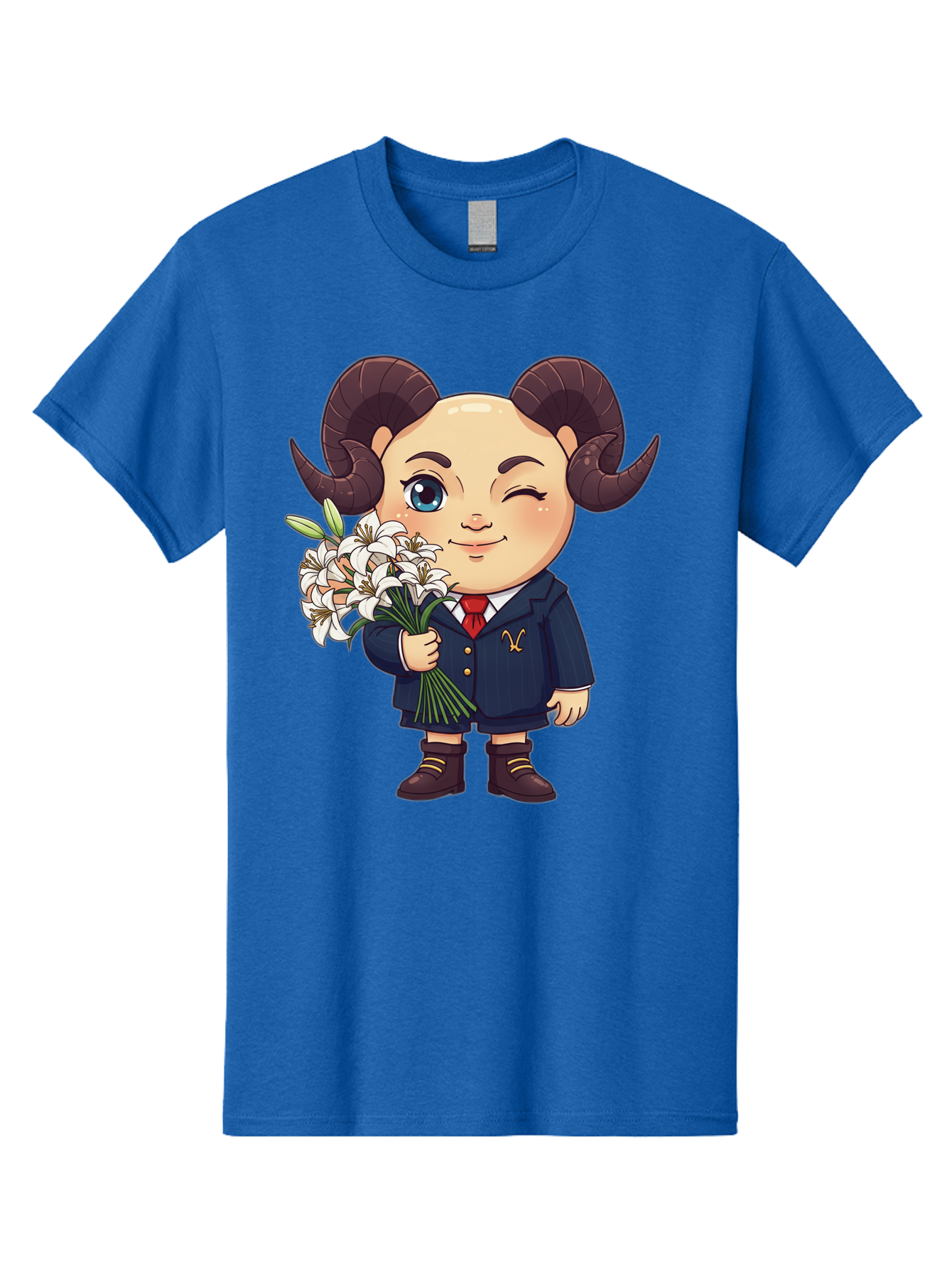 Aries-Zodiac-Cartoon-Character Men'S Graphic Tee, 100% Cotton, Comfortable Casual Summer Wear, Machine Washable, Cartoon Aries Character, Formal Attire, Bouquet Of White Flowers, Astrology Symbol, Zodiac Sign, Unique Illustration, Bae117