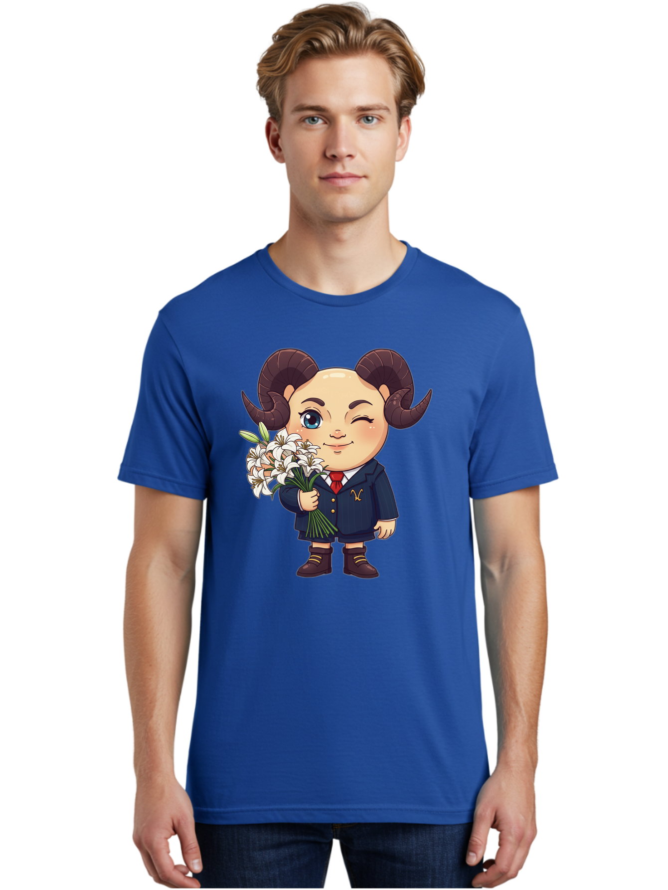 Aries-Zodiac-Cartoon-Character Men'S Graphic Tee, 100% Cotton, Comfortable Casual Summer Wear, Machine Washable, Cartoon Aries Character, Formal Attire, Bouquet Of White Flowers, Astrology Symbol, Zodiac Sign, Unique Illustration, Bae117