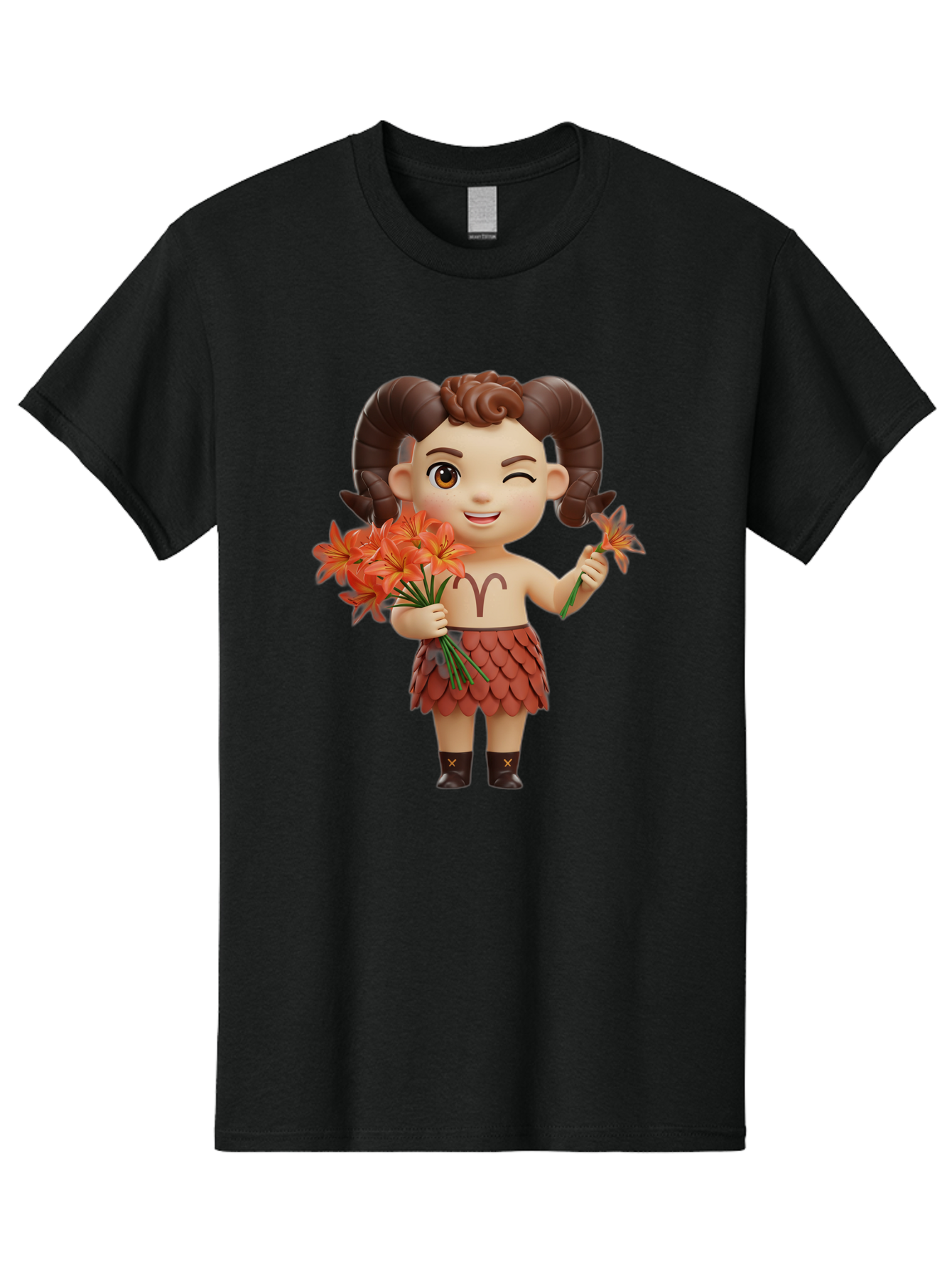 Aries-Zodiac-Character Men'S Graphic Tee, 100% Cotton, Comfortable Casual Summer Wear, Machine Washable, Cartoon Aries Zodiac Sign, Ram Horns, Astrology Symbol, Orange Flowers, Floral Arrangement, Zodiac Character Design, Fantasy Creature, Bae118