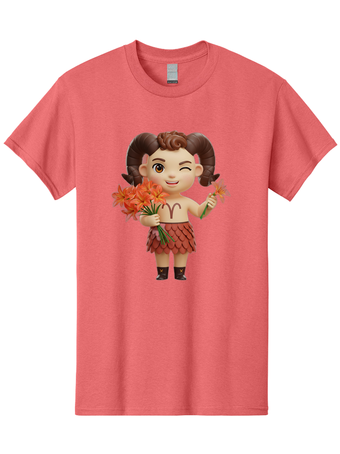 Aries-Zodiac-Character Men'S Graphic Tee, 100% Cotton, Comfortable Casual Summer Wear, Machine Washable, Cartoon Aries Zodiac Sign, Ram Horns, Astrology Symbol, Orange Flowers, Floral Arrangement, Zodiac Character Design, Fantasy Creature, Bae118