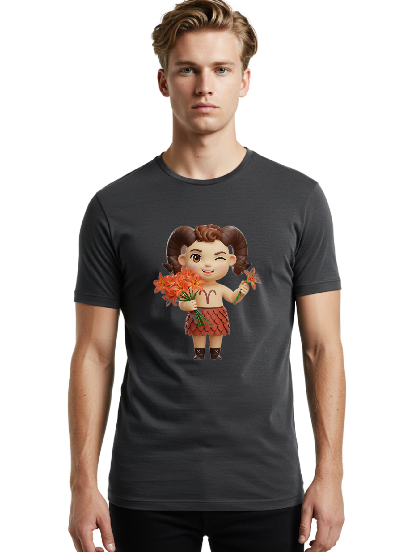 Aries-Zodiac-Character Men'S Graphic Tee, 100% Cotton, Comfortable Casual Summer Wear, Machine Washable, Cartoon Aries Zodiac Sign, Ram Horns, Astrology Symbol, Orange Flowers, Floral Arrangement, Zodiac Character Design, Fantasy Creature, Bae118